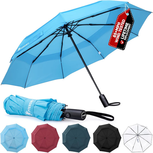 PTEROMY Windproof Compact Travel Umbrellas for Rain and Sun, Withstands 85MPH Winds Auto Open Close Folding Umbrella with Ergonomic Handle, Quick Dry Canopy for Commuting or Backpack