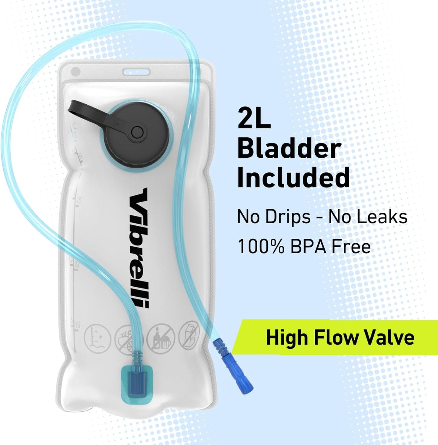 Vibrelli Hydration Backpack & 2L Hydration Bladder - High Flow Bite Valve - Hydration Pack for Cycling, Running, Hiking