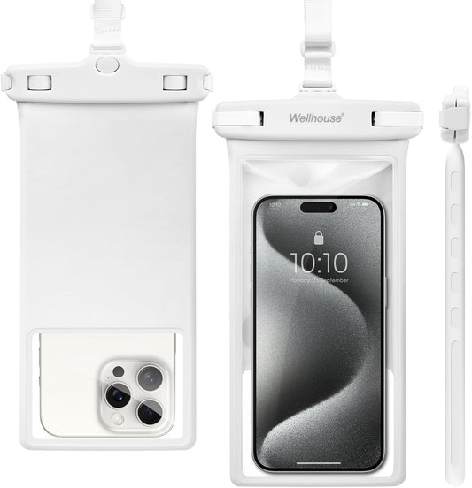 wellhouse Waterproof Phone Pouch, Waterproof Phone Case for iPhone 16 15 14 13 12 Pro Max XS Samsung, IPX8 3D Cellphone Dry Bag Beach Essentials (1 Pack - White8.0, 8 inch)