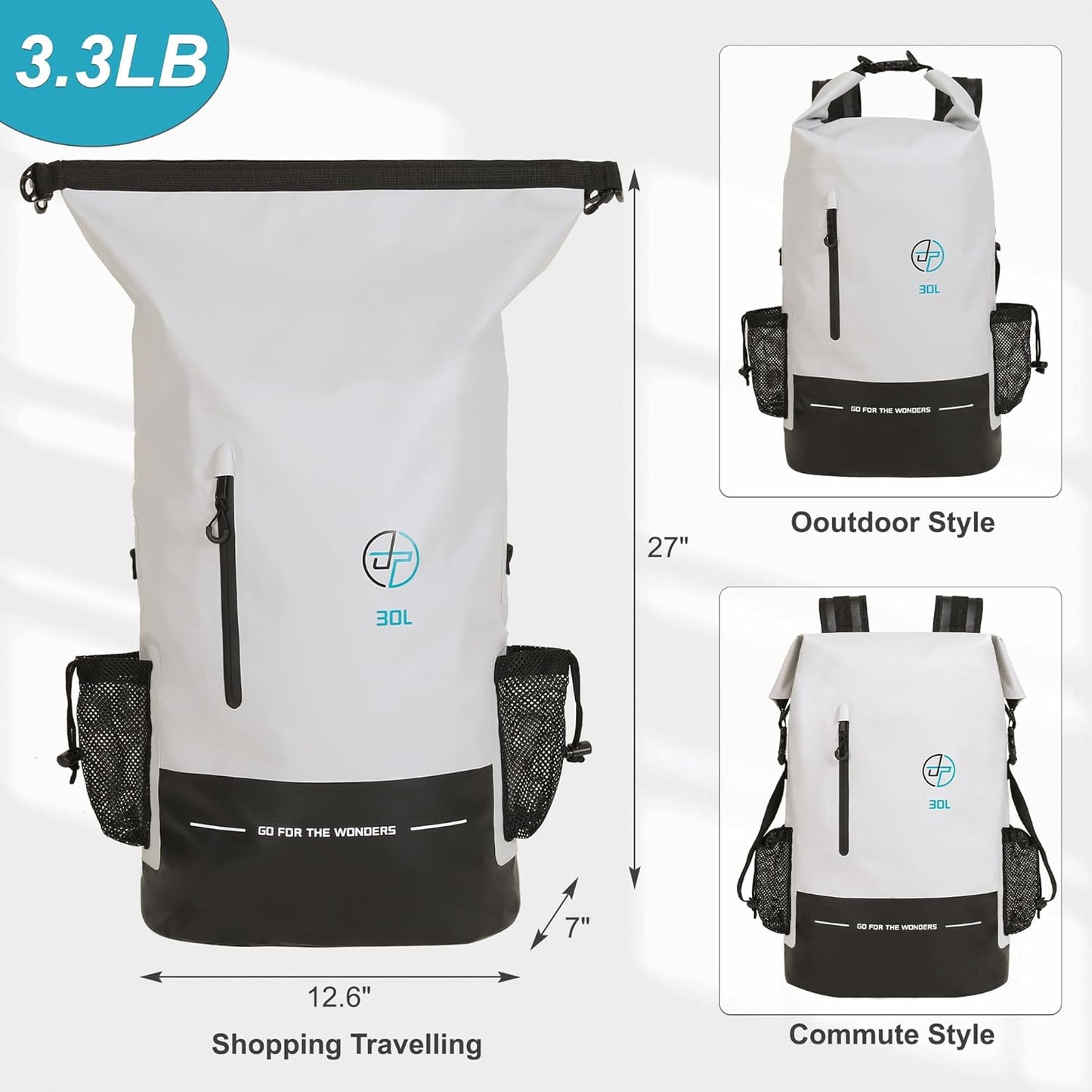 UPWELL Waterproof Dry Bag 30L Boating Backpack for Travel Hiking Camping Bags for Kayaking Hiking Waterproof Bags Swimming Floating Submersible Dry Bag Grey&White