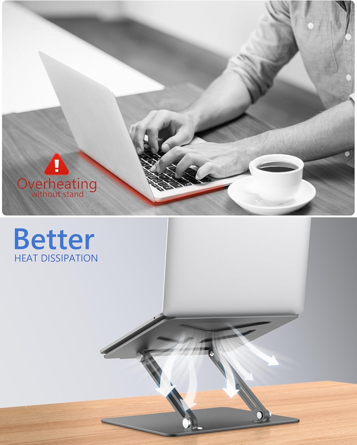Aluminum Laptop Stand, Laptop Stand for Desk, Adjustable Height Ergonomic Computer Stands Compatible with MacBook Air, Pro, Dell, HP, Lenovo More, All 10-16'' Notebooks Laptops, Gray