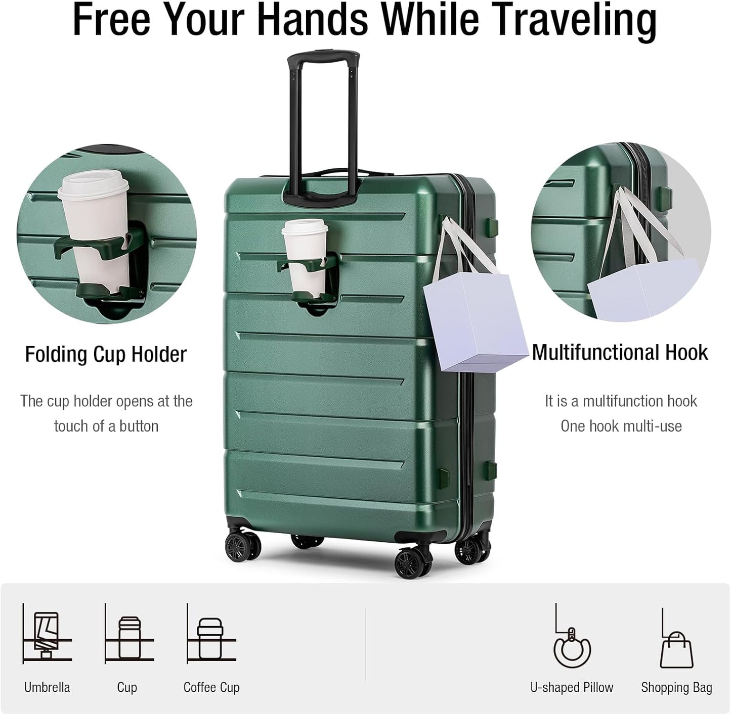KYME 30 Inch Luggage TSA Approved Hardside Suitcases with Spinner Wheels Durable Large Travel Checked Rolling Luggage with Cup Holder for Women Men Green