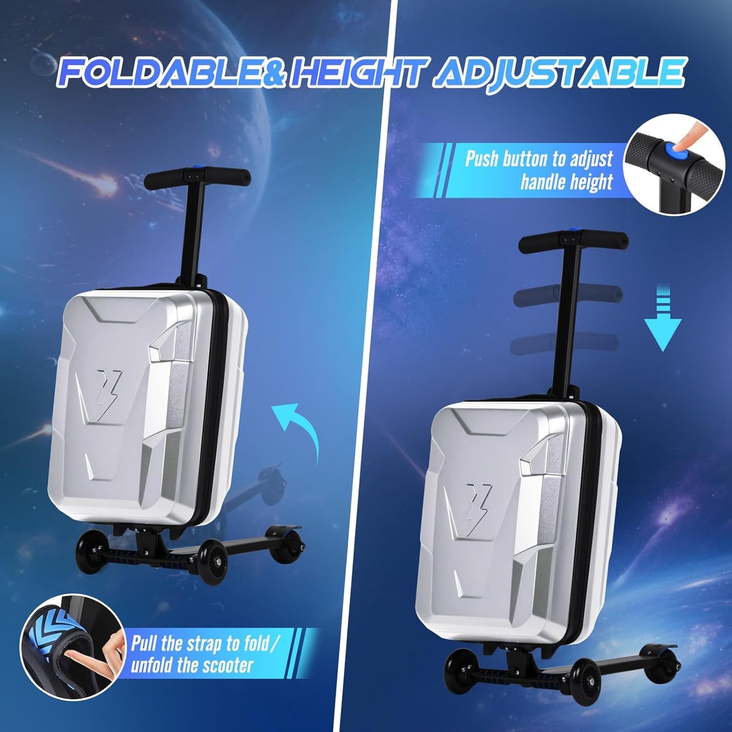 Scooter Suitcase for Kids & Adults, Foldable Carry On Travel Luggage, Hardside Ride on Scooter Suitcase with LED Light up Wheels，Silver