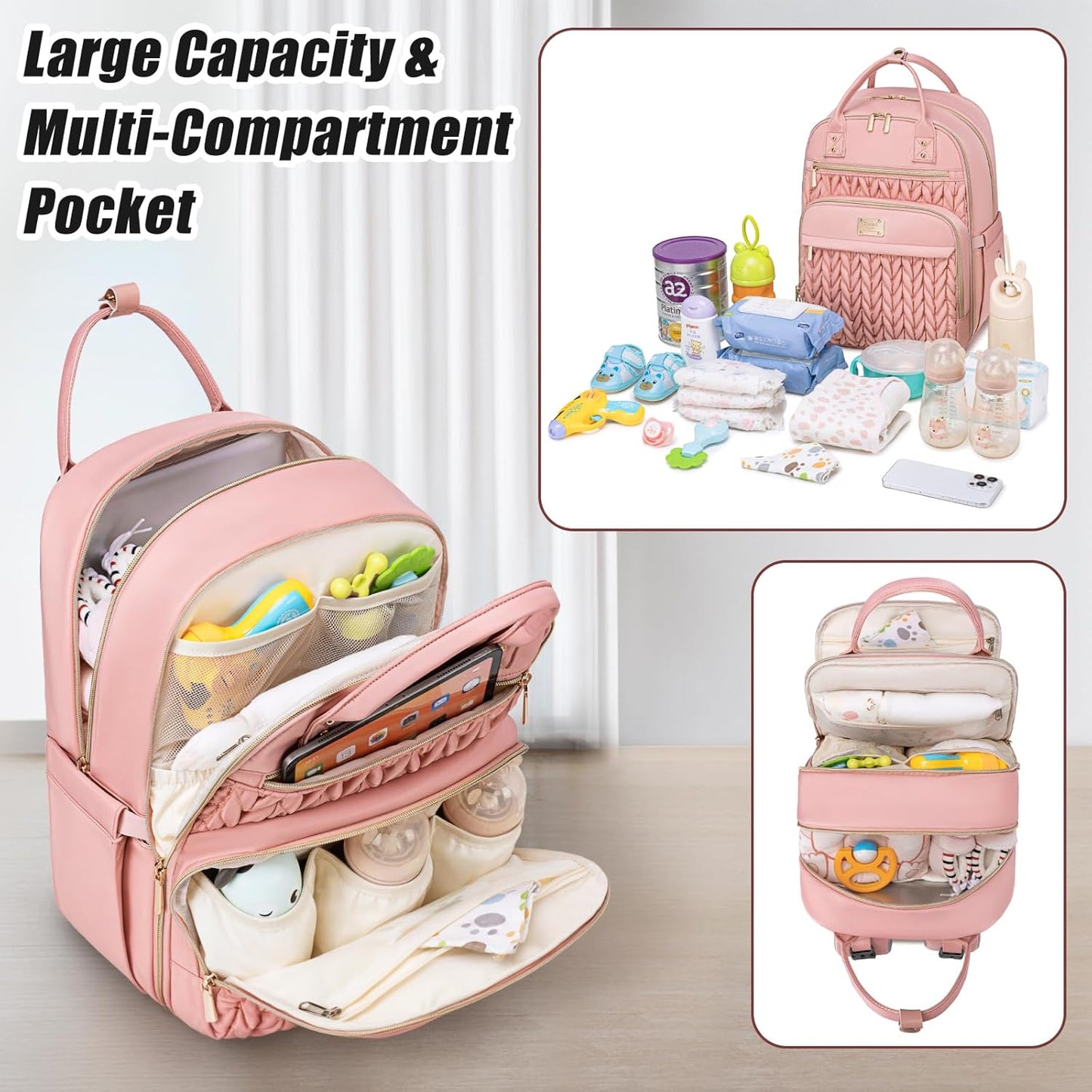 Diaper Bag Backpack,Stylish Baby Diaper Bag,Waterproof Travel Diaper Backpacks Baby Bags with Changing Pad,Stroller Straps,Insulated Pockets (Pink)