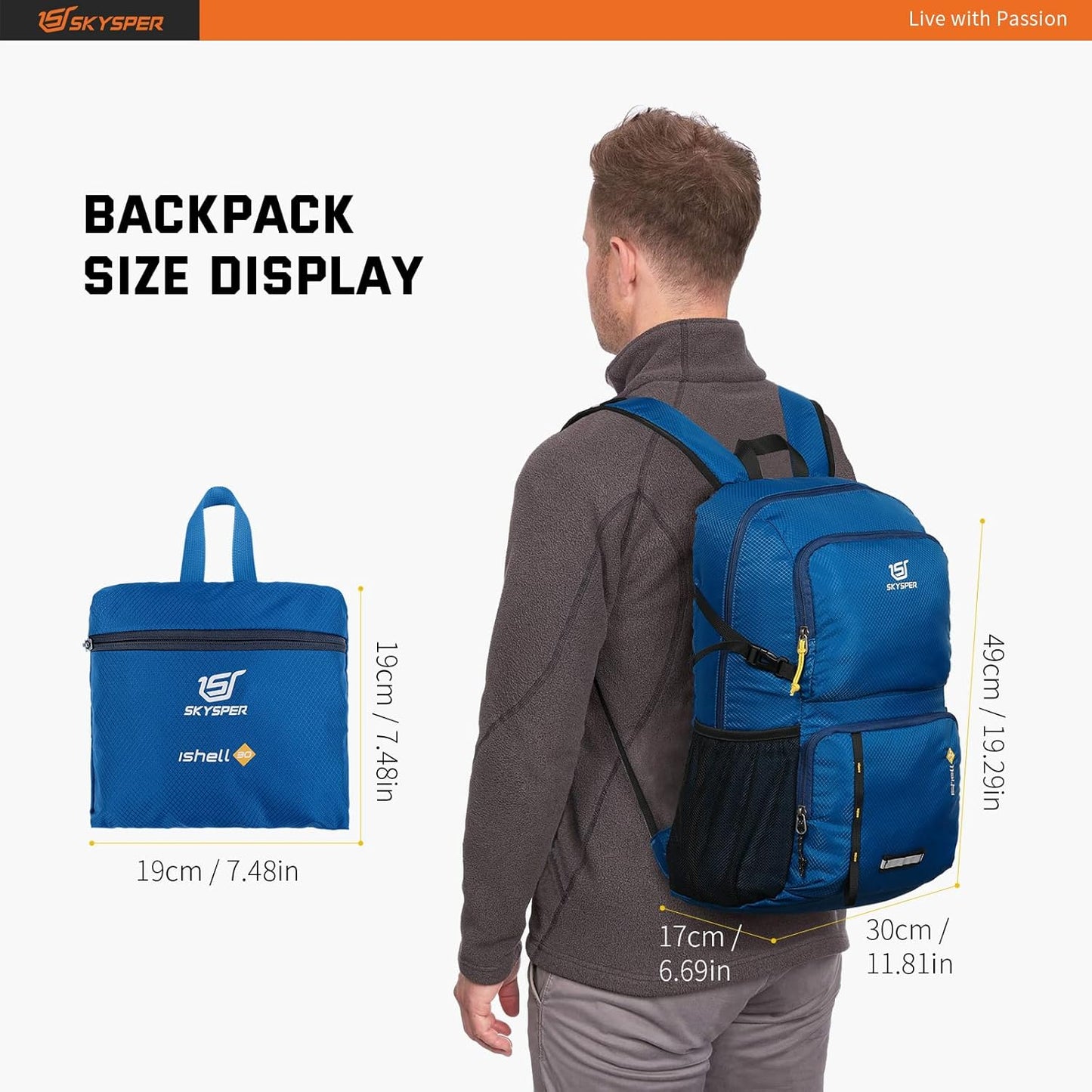 SKYSPER Lightweight Packable Backpack - 30L Hiking Daypack with Wet Pocket Foldable Travel Carry-on Backpack for Women Men