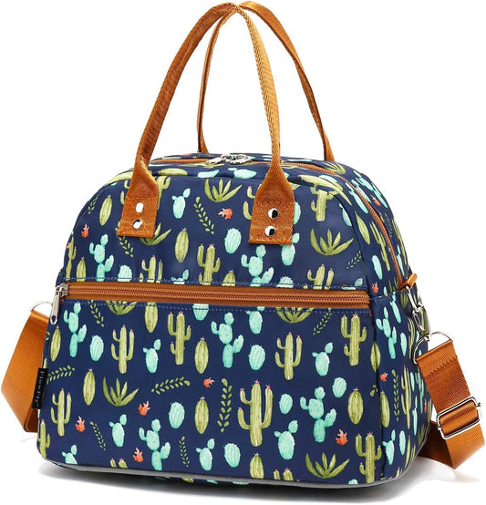 FlowFly Insulated Lunch Bag With Shoulder Strap for Women, Men, and Kids, Large and Reusable, Handle, Freezable Work and School Travel Tote and Meal Prep Organizer,Cactus