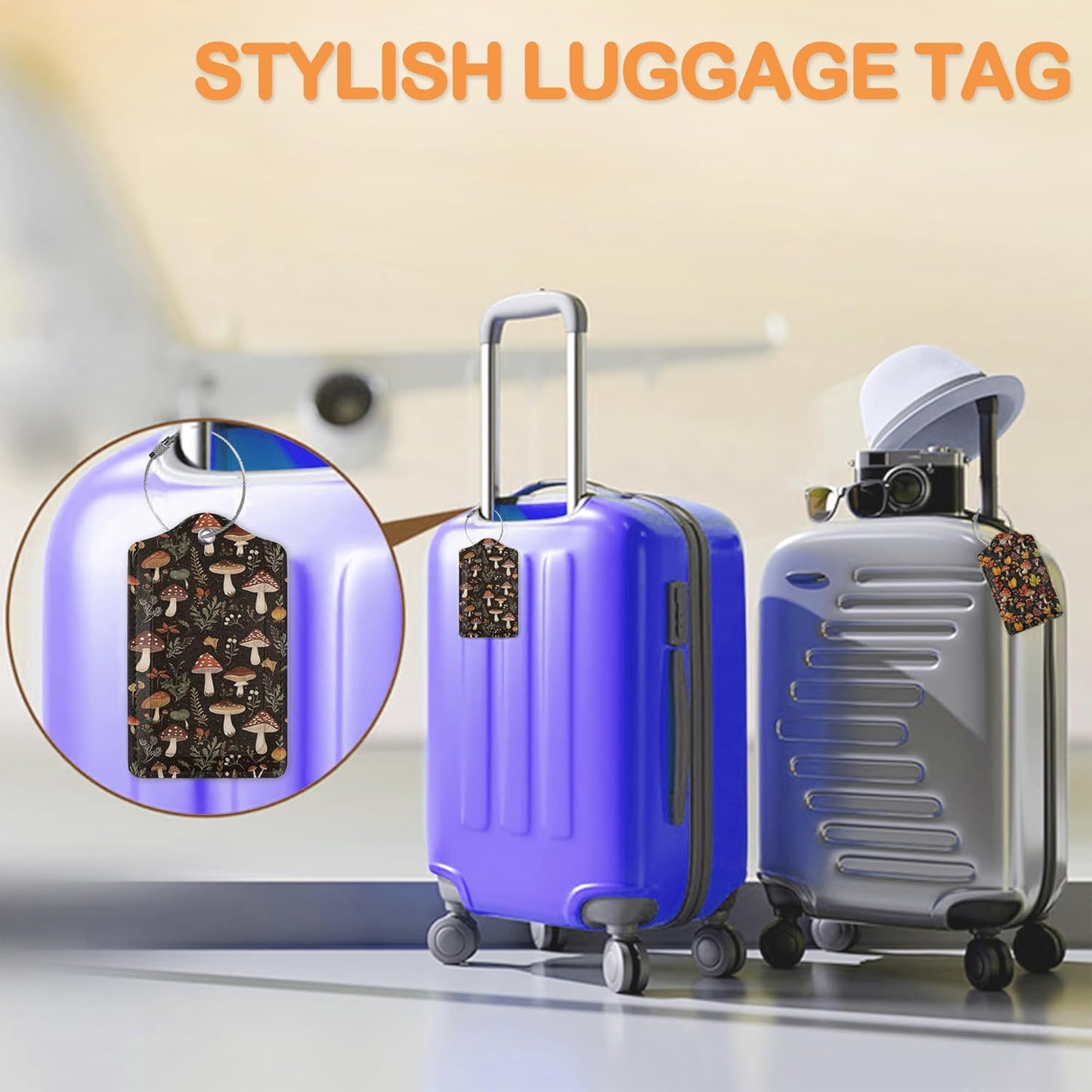 Psychedelic Mushrooms, Butterflies, Insectsts 3 Pack PU Leahter Luggage Tag with Stainless Steel Loop, Travel Suitcase Labels with Privacy Cover ID Label Quickly Spot for Bags