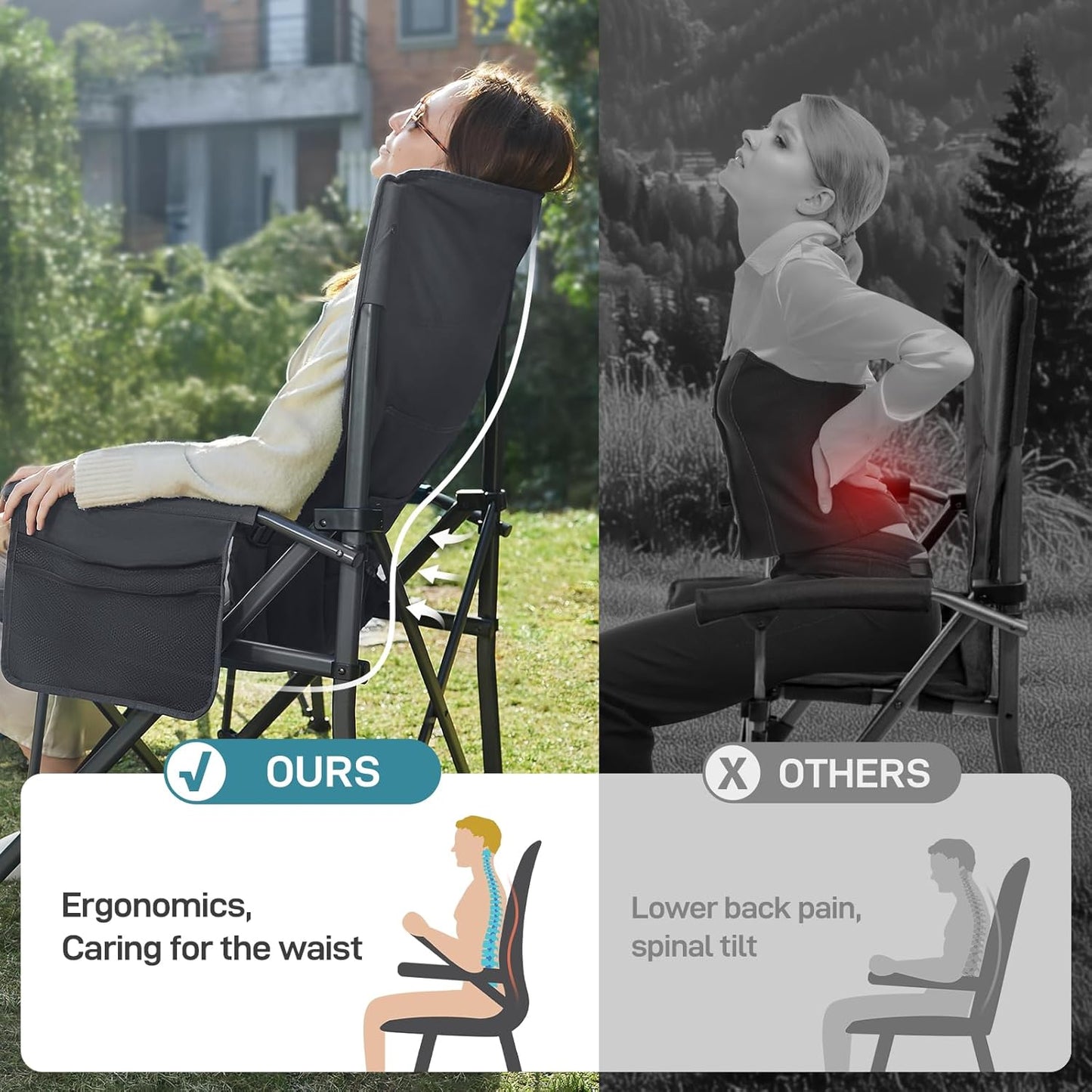 EVER ADVANCED Oversized Folding Camping Chair for Adults with Adjustable Lumbar Support, Heavy Duty Chair with Side Pockets, Portable Collapsible Quad Chair for Outside