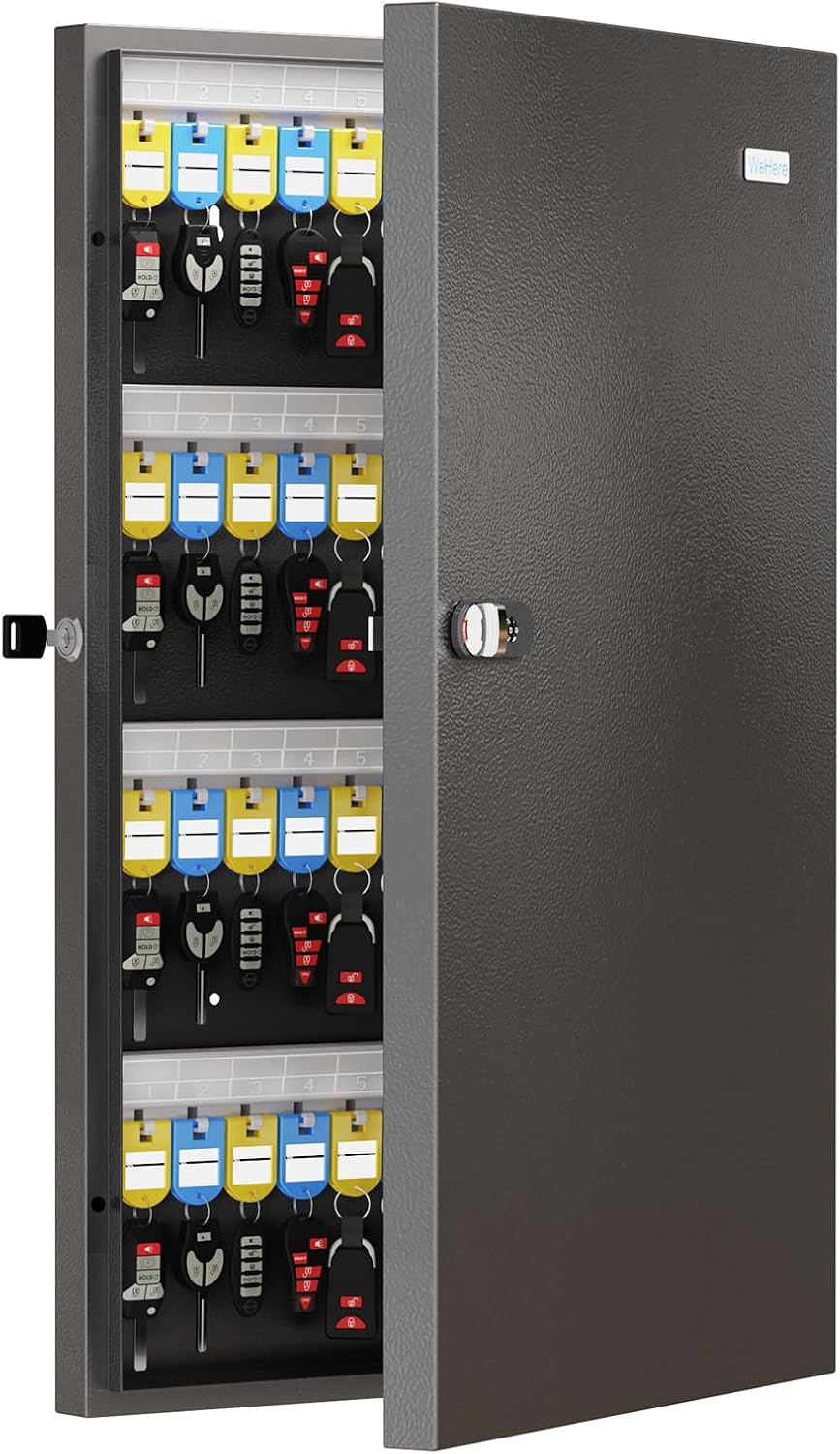WeHere Key Lock Box Wall Mount(96 Keys), Key Cabinet Security Combination Lockbox with Key Tags, Digital Code Key Storage Lockbox,APP Key Management System for Valets, Hotels, House