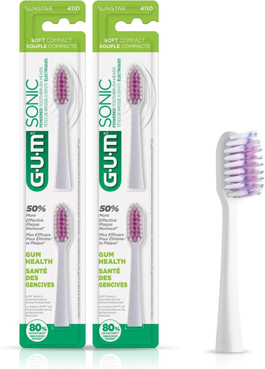 GUM Sonic Powered Toothbrush Refills, Tapered Bristles Clean Below The Gumline, White 2ct. (Pack of 2)