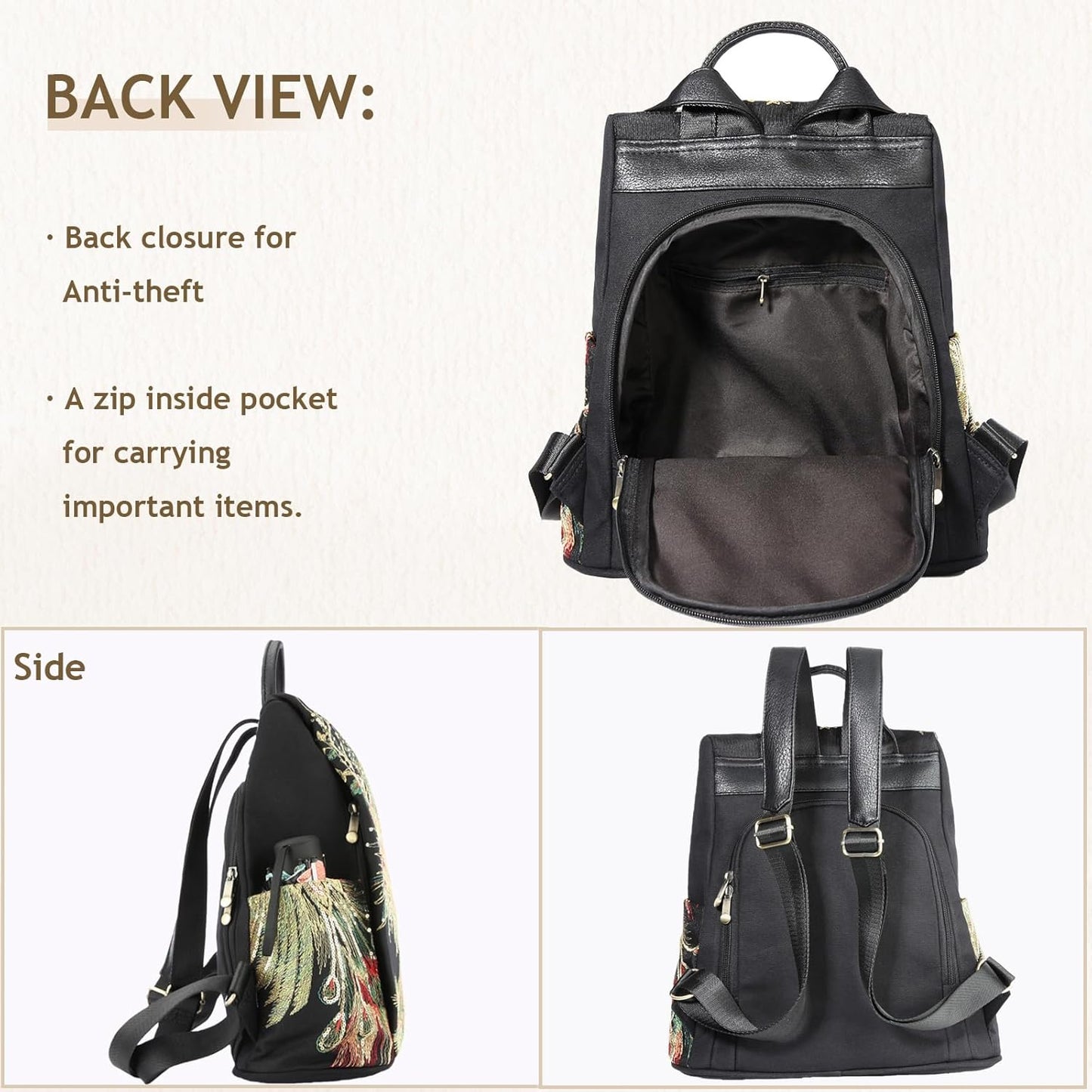 Jursccu Glitter Embroidery Women Backpack Purse, Fashion Canvas Travel Anti-theft Rucksack Shoulder Bag (Black)