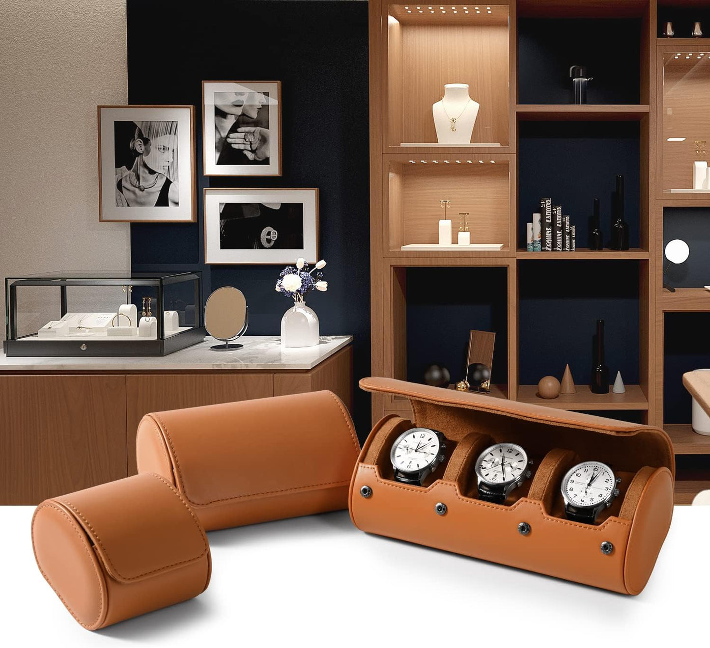 Oirlv Premium Leather Watch Roll Travel Case 3-Slot Watch Box for Men and Women Storage & Organizer Display, Anniversary Birthday（Brown）