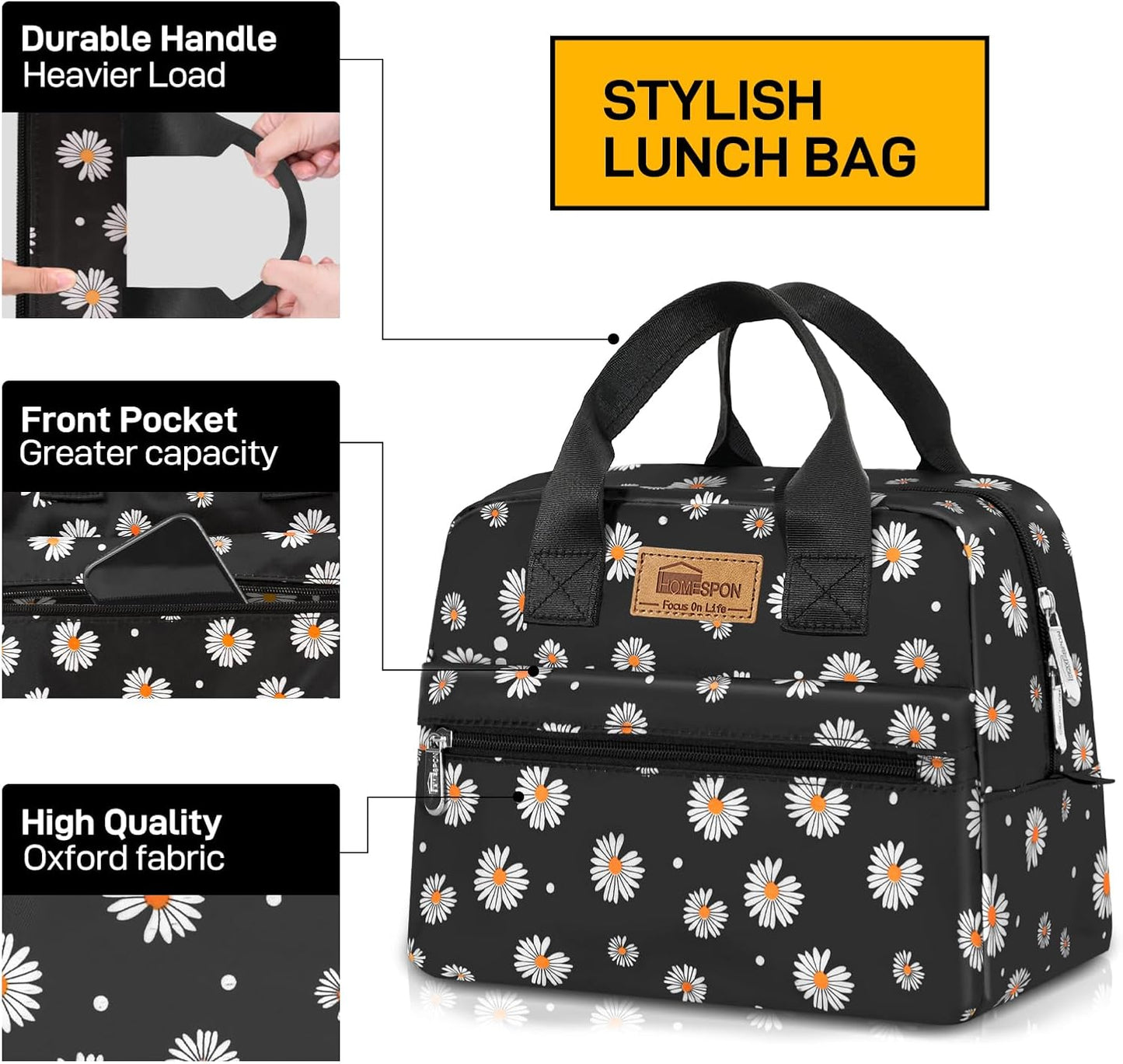 HOMESPON Insulated Lunch Bag for Women Men Lunch Box Cooler Lunch Tote for Work Picnic (Daisy)