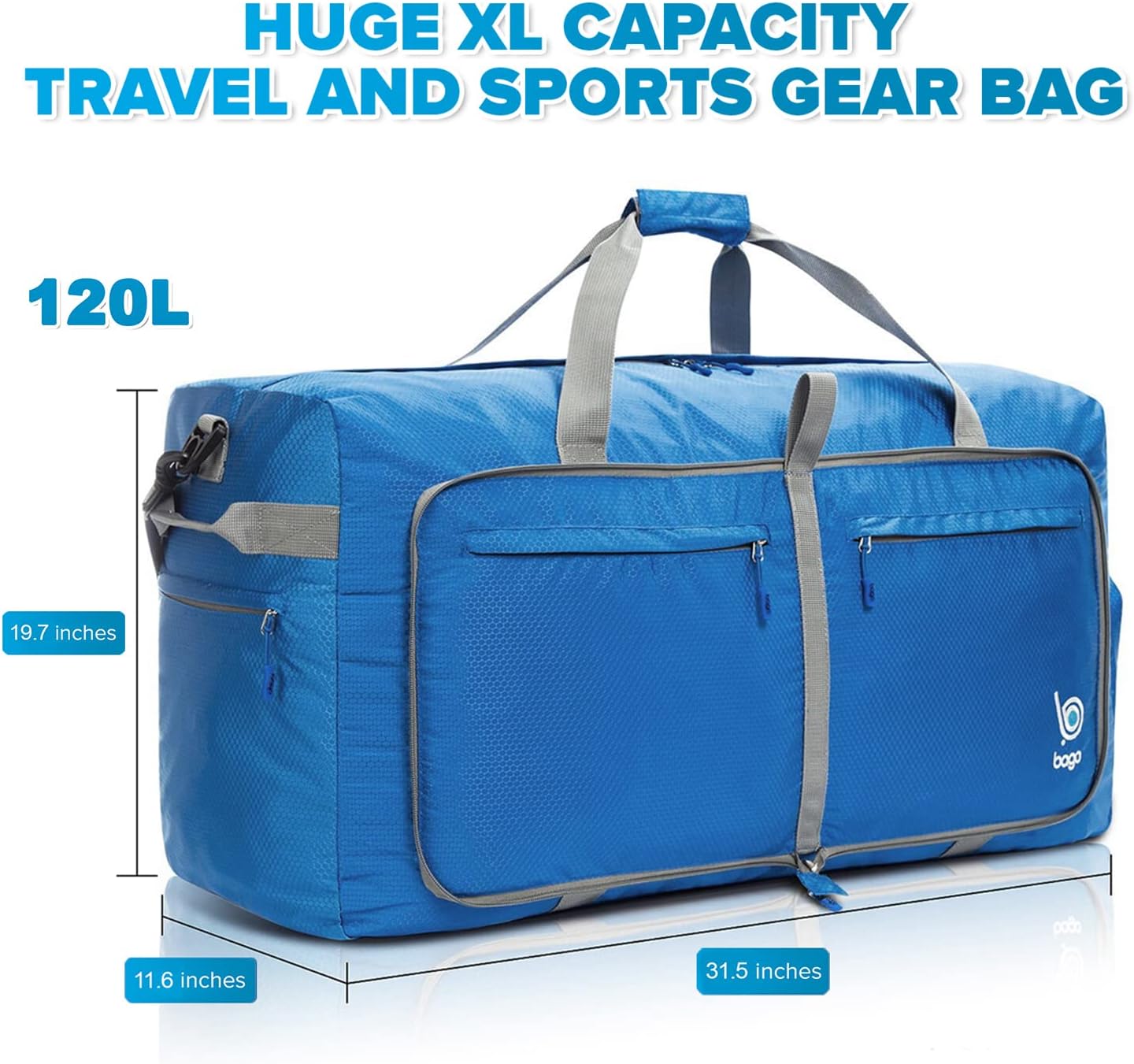 Bago Large Foldable Duffel Bags for Traveling Women & Men - 120L Packable Duffle Bag for Travel with Shoe Compartment - Water Repellant, Heavy Duty, Lightweight Folding & Collapsible (Blue)