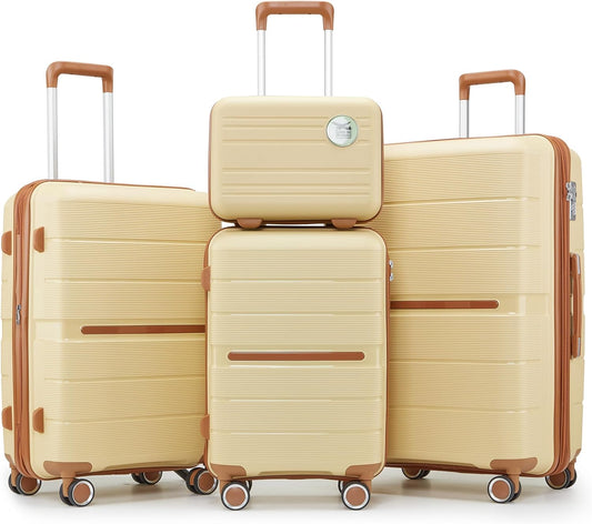 Campfun Luggage Sets 4 Piece, Expandable Carry On Luggage Set Hardshell PP, Suitcase Set with Double Spinner Wheels, Checked Durable Lightweight with TSA Lock, 14/20/24/28in, Khaki Brown(A)