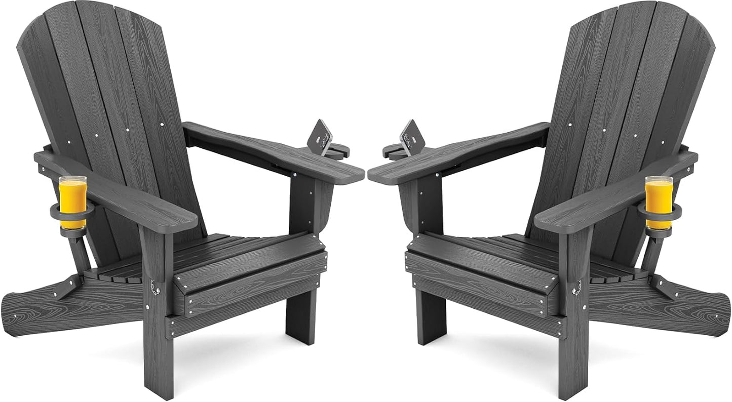 SERWALL Foldable Adirondack Chair Set of 2, HDPE Adirondack Chair with Wood-Texture-Gray