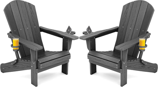 SERWALL Foldable Adirondack Chair Set of 2, HDPE Adirondack Chair with Wood-Texture-Gray