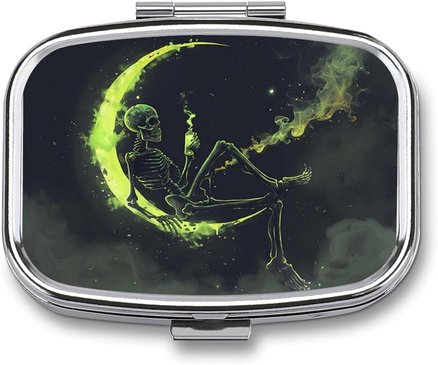 Metal 2 Compartment Pill Organizer Travel Friendly Portable Compact Pill Box Cute Pill Case to Hold Vitamins,Fish Oil,Supplements,Meds,Tablet for Purse,Pocket. (The Skeleton on The Moon)