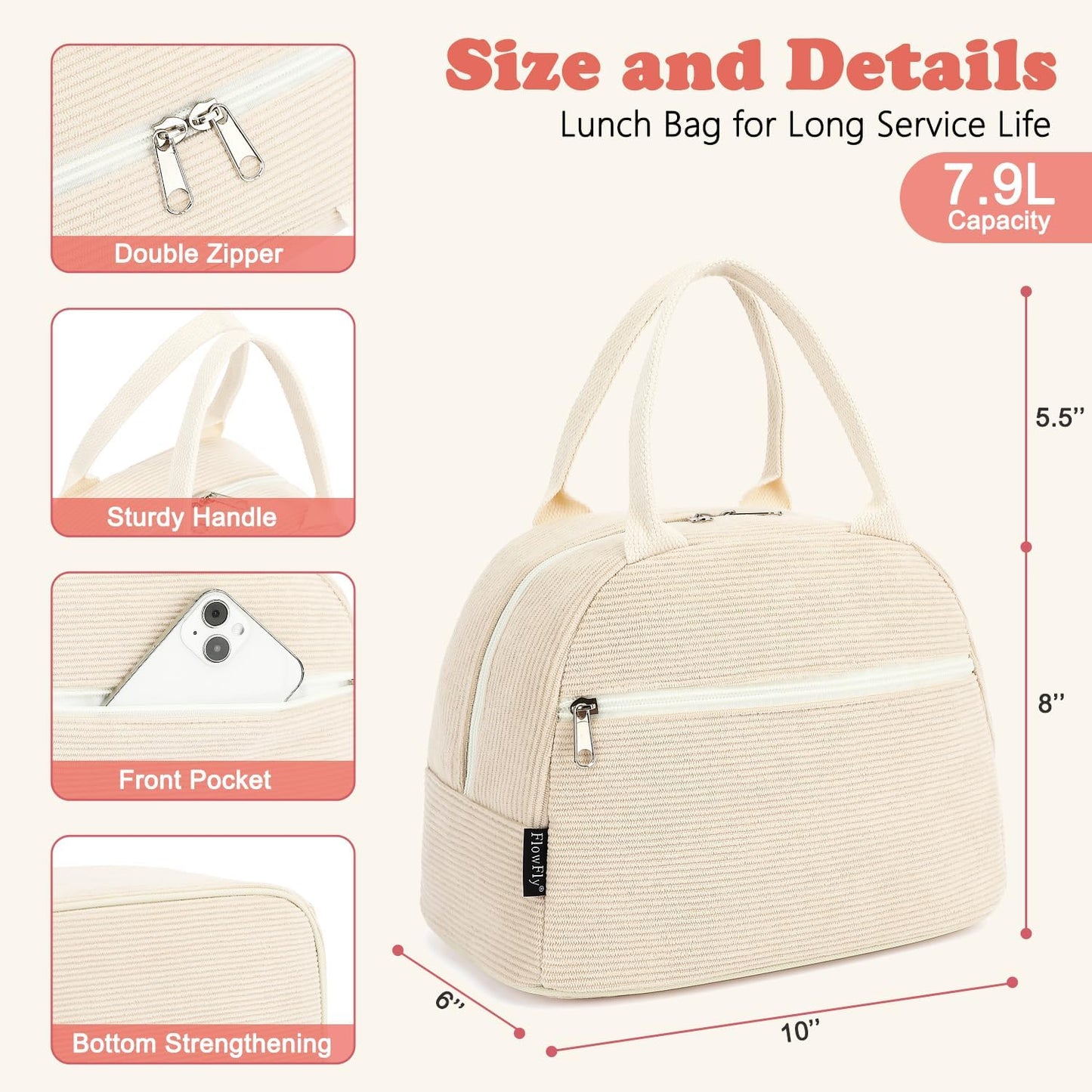 FlowFly Lunch Bag for Women Insulated Lunch Box Corduroy Lunch Tote Cooler for Travel Work Picnic,Corduroy Beige