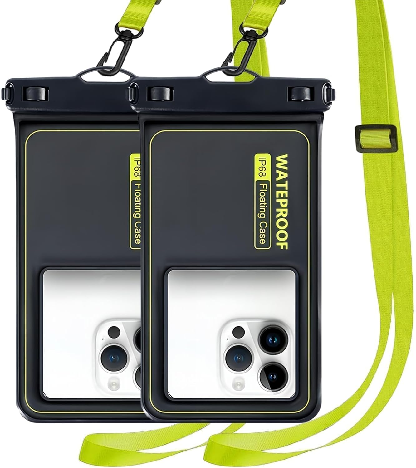 Marine IP68 Waterproof Phone Pouch, Floating Waterproof Phone Case with iPhone 16/15 Pro Max/ 14 Pro Max/ 13 Pro Max/ 12/ S24 Up to 7 inch, 2 Pack Black/Hi-Vis Yellow
