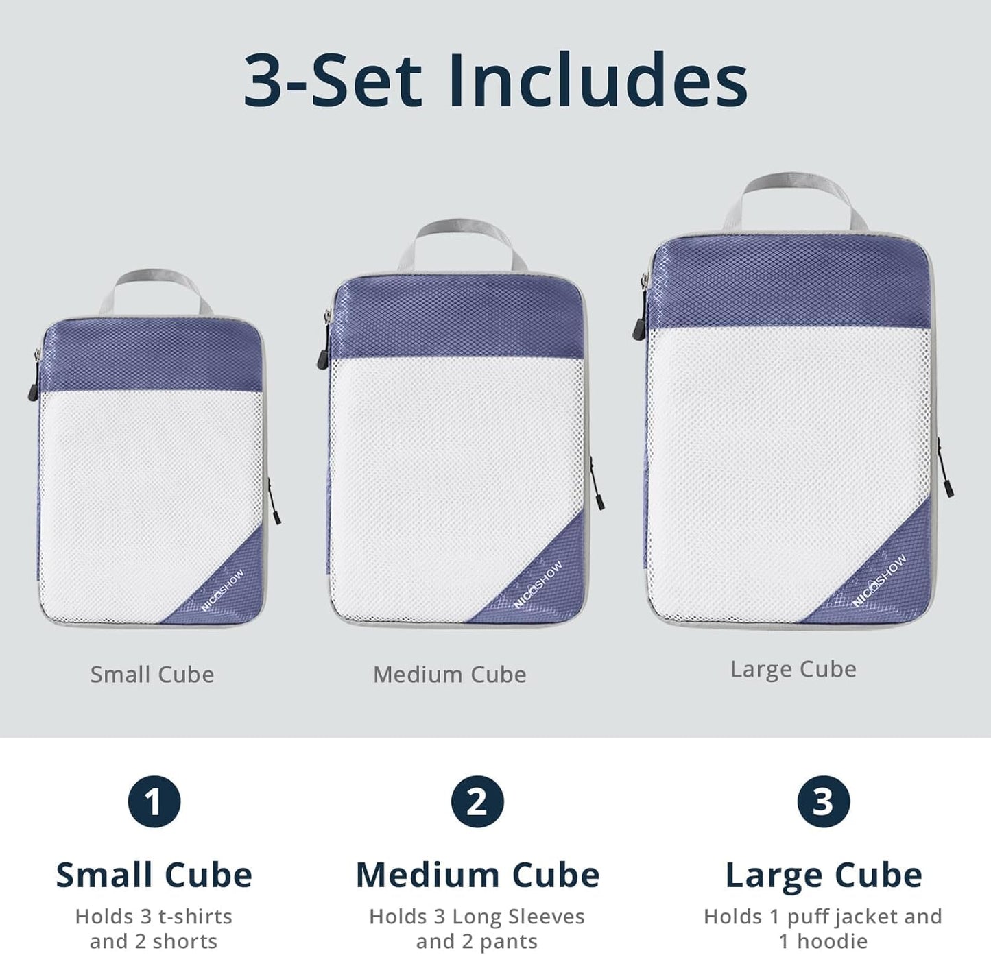 Compression Packing Cubes 3 Set, Compressible Space-Saving Packing Cubes for Travel - Compression Bags, Luggage Organizer, Travel Essentials for Women, Bluish Purple
