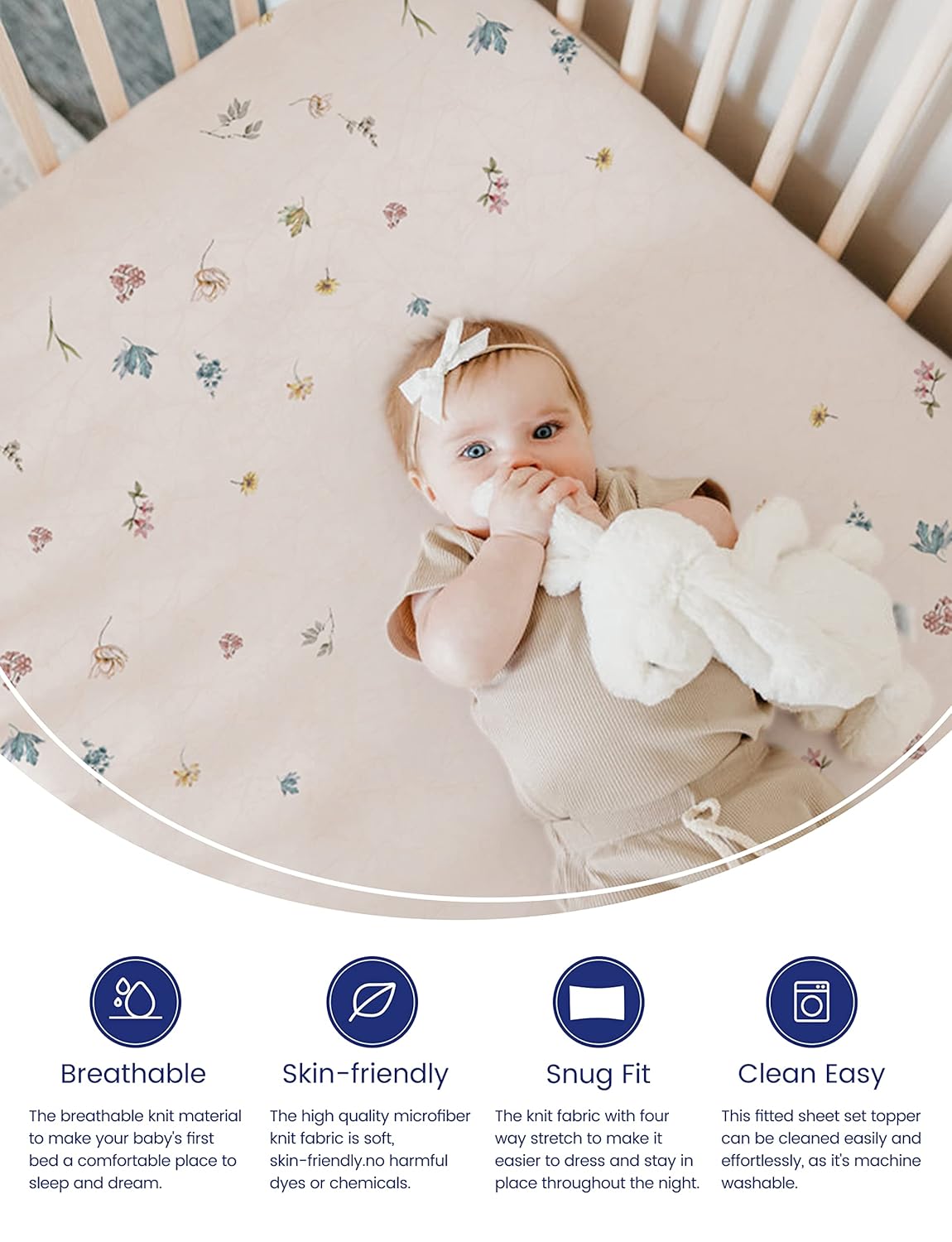 TotAha Premium Stretchy Crib Sheets (2-Pack)-Hypoallergenic, Silky Comfort, Buttery Soft, Calming Effect, All-Season Jersey-Knit Sheets, 28 X 52 X 9'' (Blue Flower & Small Floral)