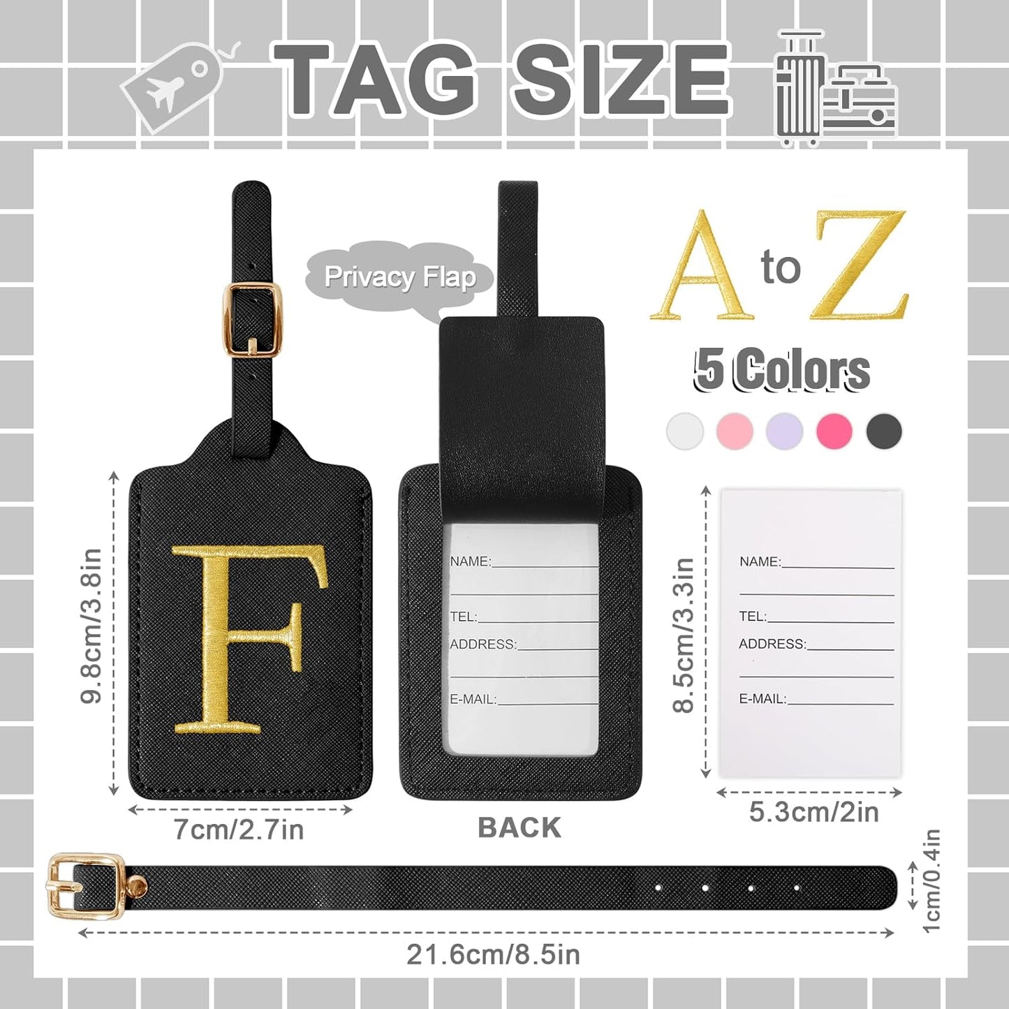 Personalized Initial Luggage Tags for Suitcase TSA Approved, Black Leather Cute Luggage Tag with Privacy Cover Name Card, Embroidered Custom Luggage Tags Travel Backpack Tags Gifts for Women Kids(F)