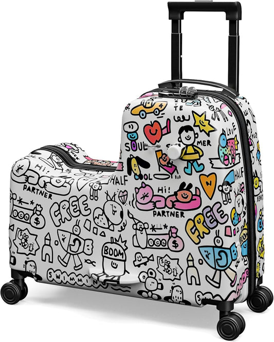 Apelila DIY Coloring Ride On Suitcase for Kids Ages 4-8, 22 Inch Graffiti Rolling Luggage with Spinner Wheels & Safety Belt, Lightweight Travel Checked Suitcase with Combination Lock