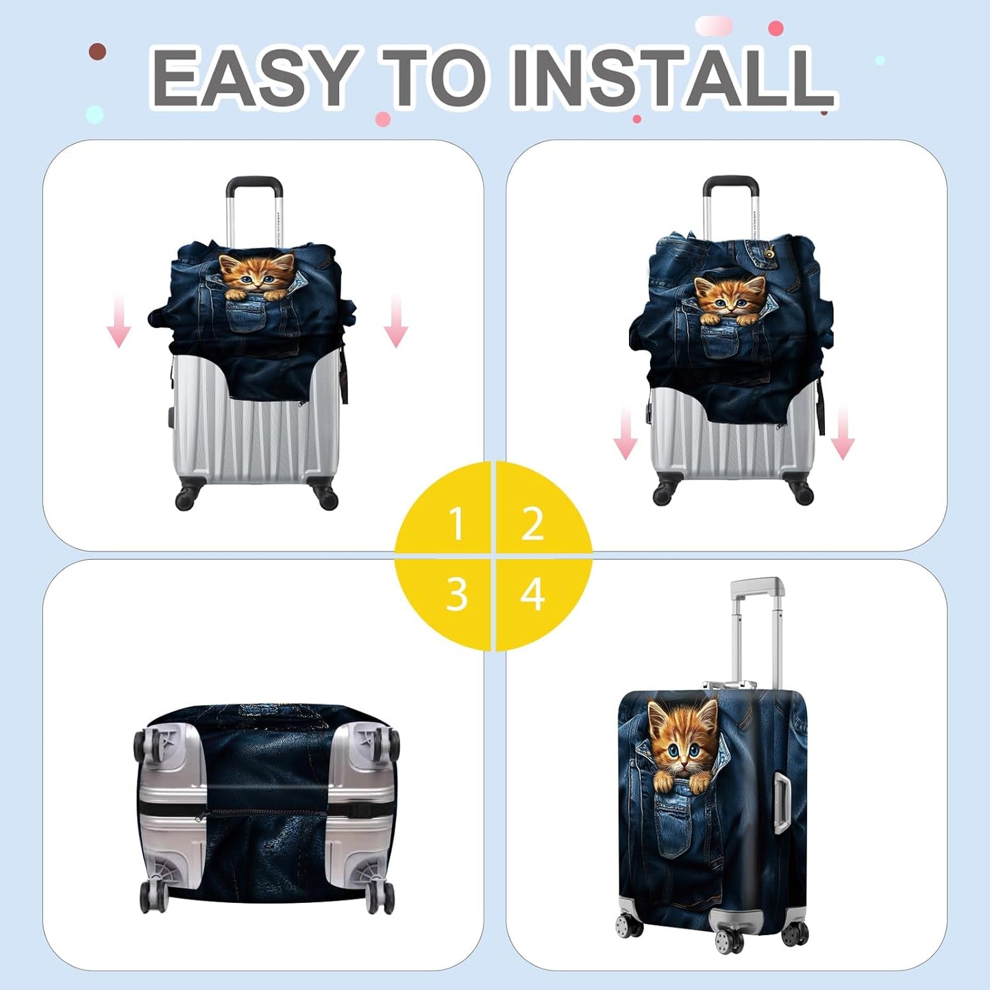 ANNA QUEEN Cute Kitten in Pocket Luggage Cover, Funny Cat Suitcase Protector with Denim Print, Stretchable & Washable Spandex Travel Cover for 28-30 Inch Luggage