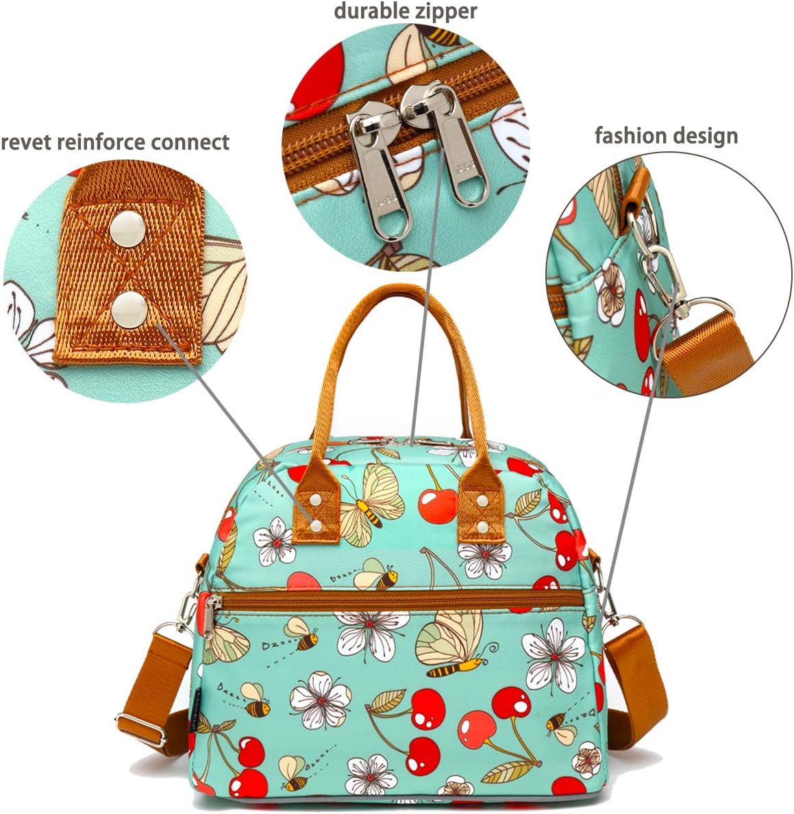 FlowFly Insulated Lunch Bag With Shoulder Strap for Women, Men, and Kids, Large and Reusable, Handle, Freezable Work and School Travel Tote and Meal Prep Organizer,Turquoise Cherry