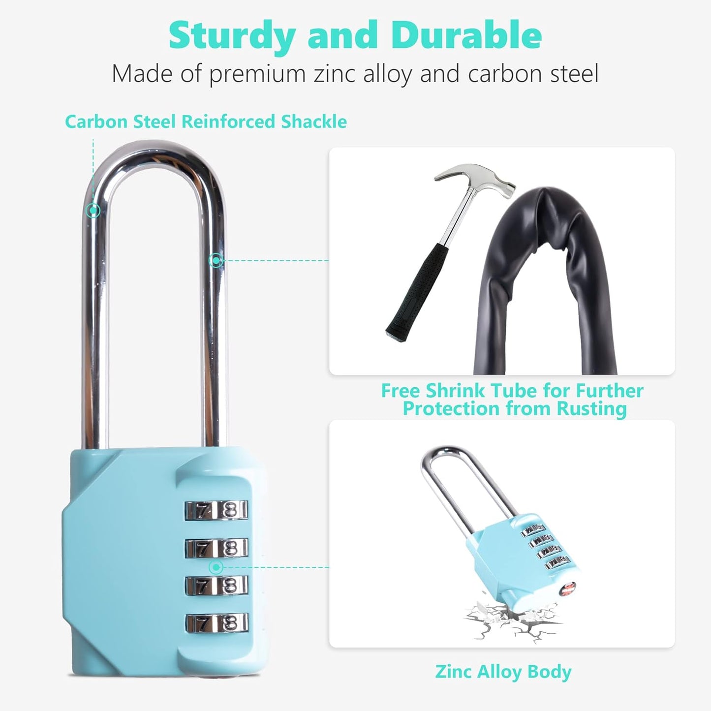 CL21AS 2.6 Inch Long Shackle Combination Lock, 4 Digit Combination Padlock Set Your own Combination for Gym Locker Lock, School, Gates, Doors, Toolbox, Hasps and Storage (Aqua Sky (L) *1)