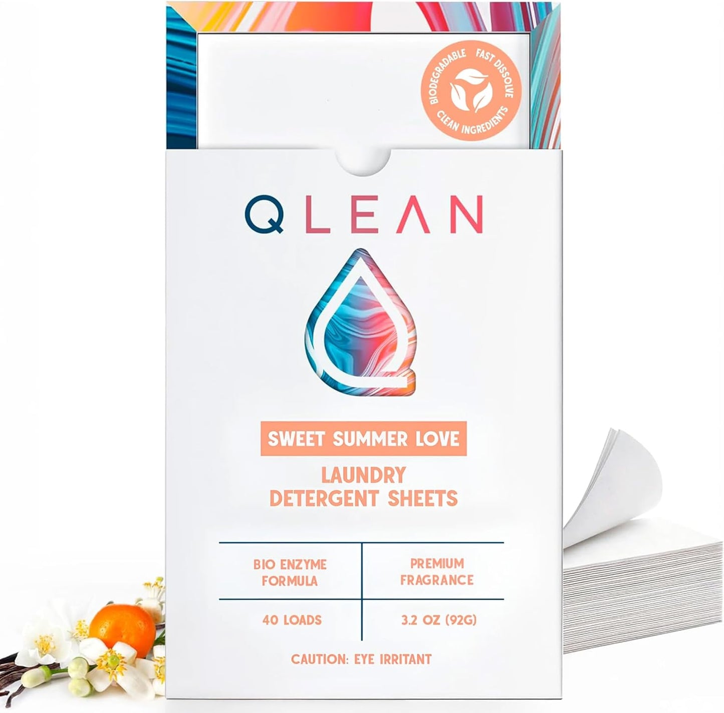 QLEAN Laundry Detergent Sheets (Travel Size 40 Loads) – Travel Laundry Detergent Sheets, Eco-Friendly Laundry Soap, HE & Standard Washer Safe, Stain Remover, Skin-Friendly - Sweet Summer Love