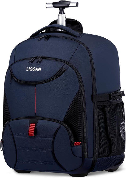 Rolling Backpack for Adults, 17inch Laptop Travel Backpack with Wheels Waterproof Roller Backpacks for Women Men Student Large College Business Suitcase Carry on Luggage Bag Wheeled Bookbag, Blue