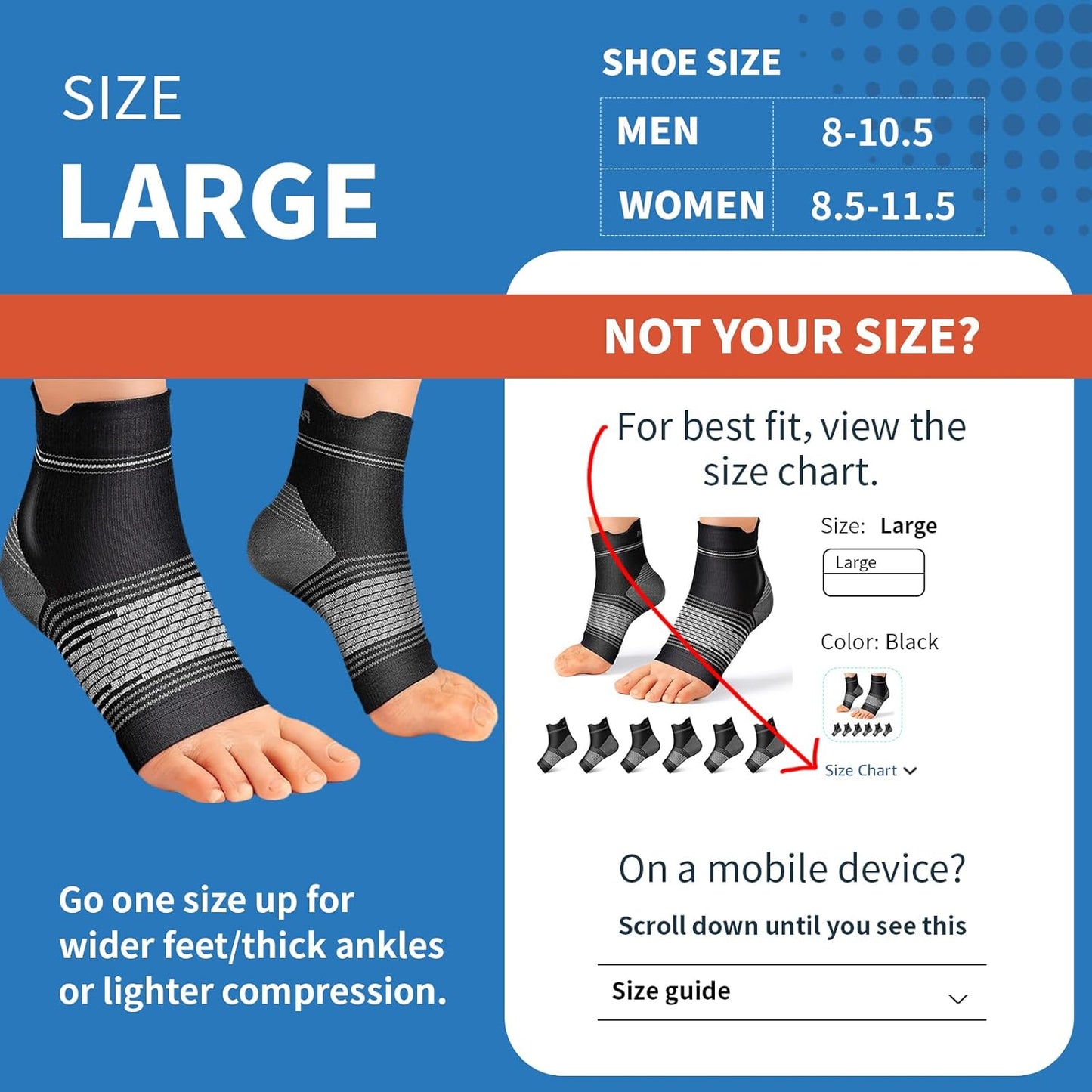 Plantar Fasciitis Sock (6 Pairs) for Men and Women, Compression Foot Sleeves with Arch and Ankle Support (Black, Nude, Navy, Large)