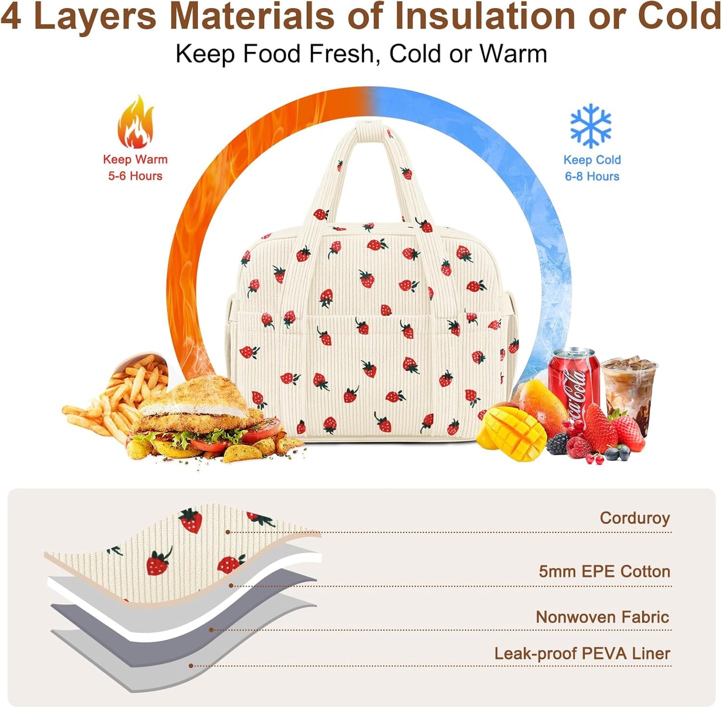 Corduroy Lunch Box Lunch Bag for Women Men, Cute Strawberry Small Insulated Reusable Work Leakproof Simple Lunch Boxes Tote Bag Adults Cooler Bag