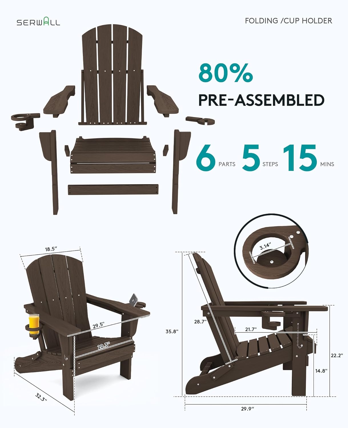 SERWALL Adirondack Chair with Cup Holders - Composite Adirondack Chairs Set of 2 HDPE Outdoor Chairs All Weather Use- Coffee
