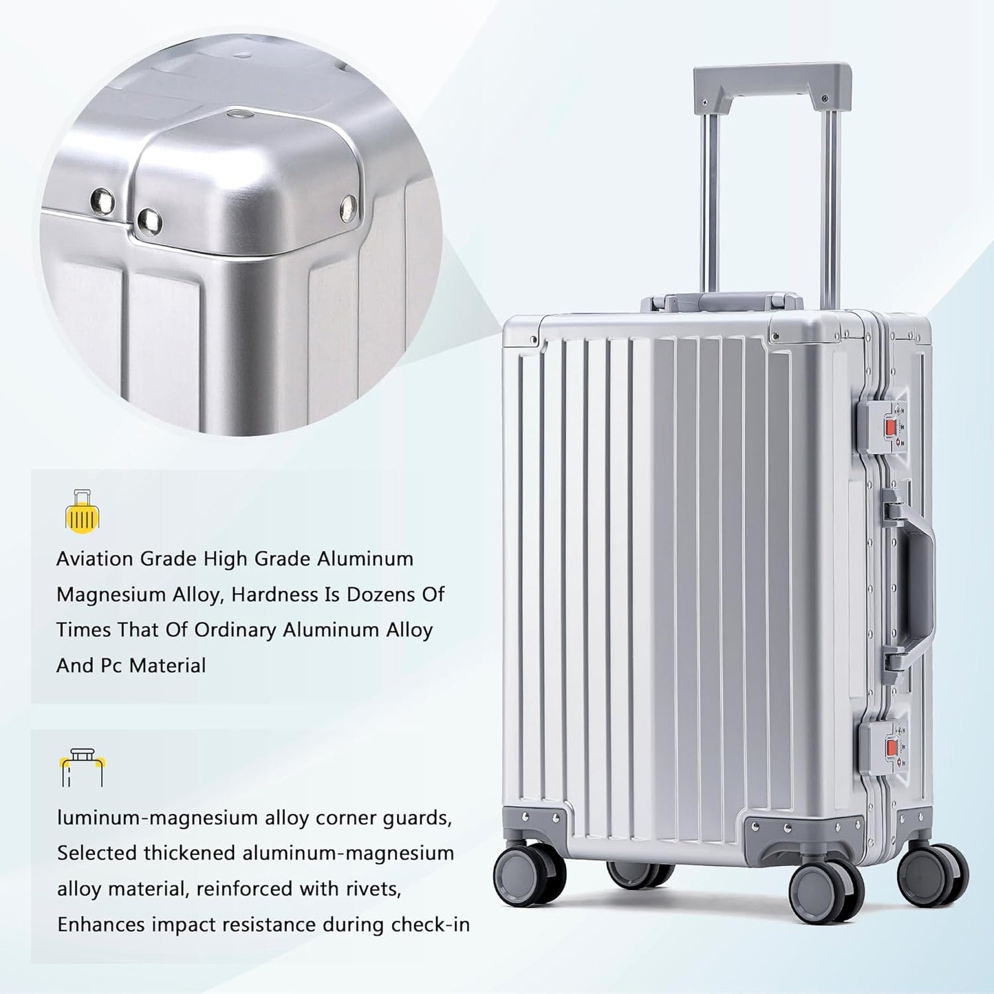 YYW Aluminum Carry-On Luggage Airline Approved Lightweight Suitcase with TSA Lock and Silent Wheels Hardshell Spinner Business Travel (Silver, 20in)