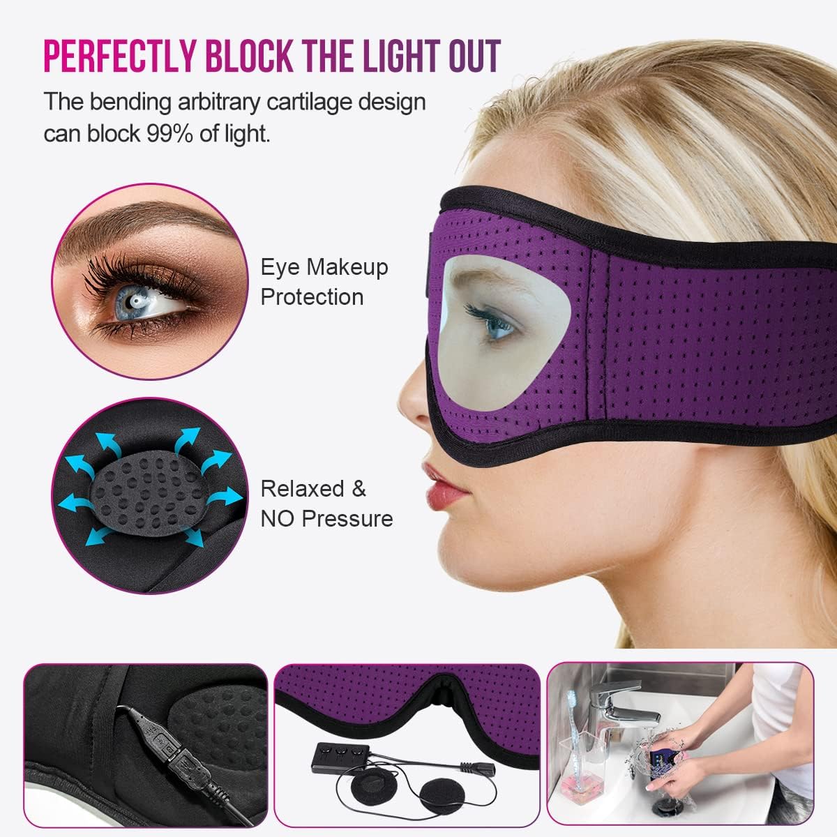 MUSICOZY 3D Bluetooth 5.4 Sleep Headphones, Breathable Wireless Music Eye Mask, Sleeping Headphones with Headband for Side Sleepers, Women, Men, Air Travel, Unique Tech Gifts