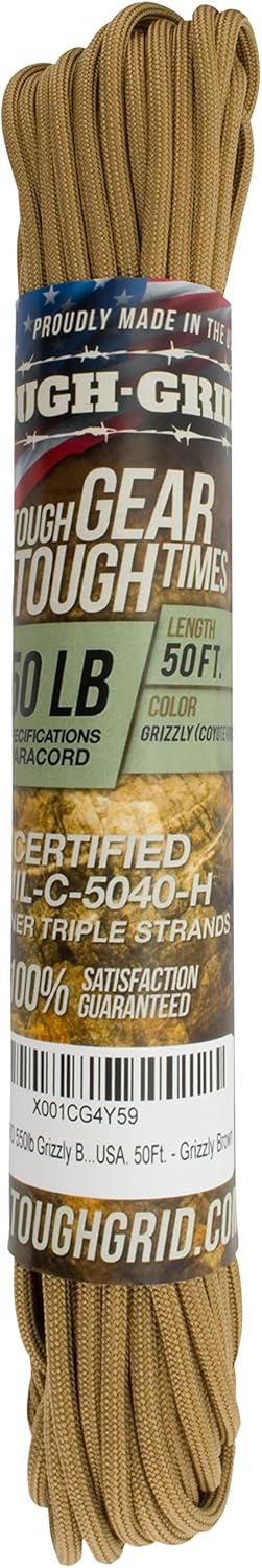 TOUGH-GRID 550 Paracord Rope Nylon Parachute Cord, Made in USA Survival Kit, Outdoor Adventures, Camping, Tactical Gear & Emergency Supplies, Military Type III Mil-Spec