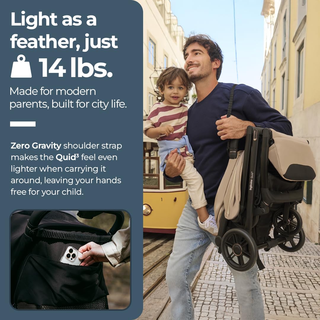 Inglesina Quid³ Stroller, Cosmic Black - Compact Reclining Travel Stroller for Baby & Toddler 0-55 lbs, One Hand fold, Car seat Compatible, Airplane Overhead, Lightweight, Foldable, XL UPF 50+ Canopy