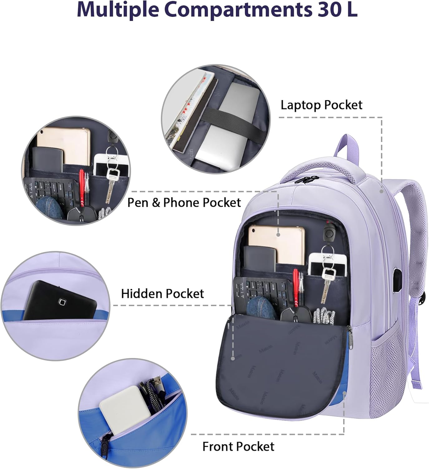 MATEIN Womens College Backpack, Stylish Casual Bag with Trolley Sleeve Fits 17 Inch Laptop, Water Resistant Work Commute Daypack with USB Charging Port, Graduation Gifts, Purple Blue