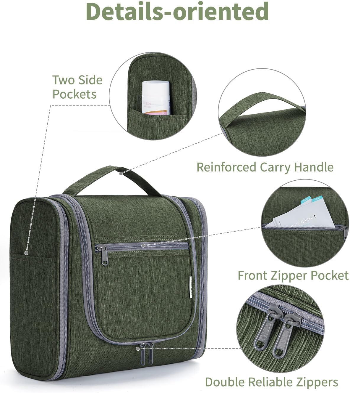 Narwey Hanging Toiletry Bag for Women Travel Makeup Bag Organizer Toiletries Bag Men for Cosmetics Essentials Accessories (Large, Army Green)