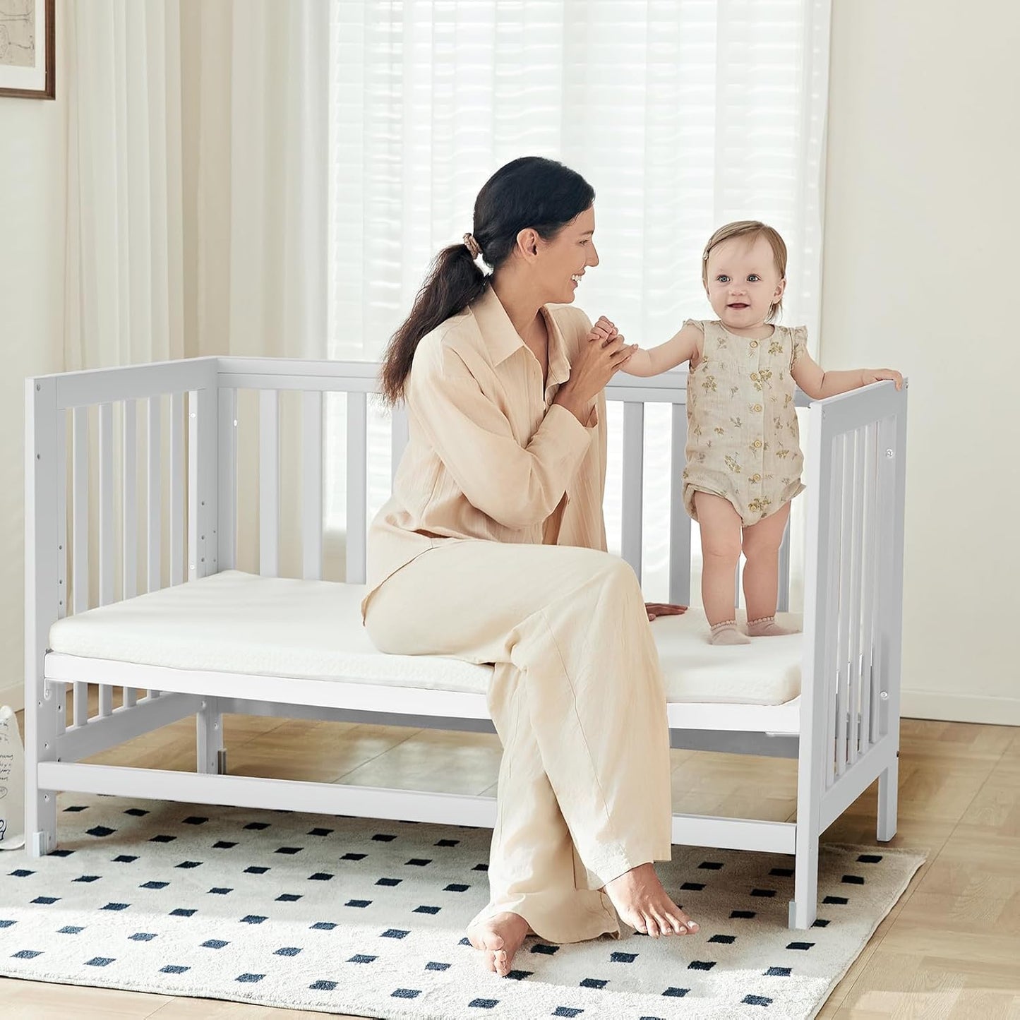 EvoNest Baby Crib, 6 in 1 Convertible Mini Crib with Wheels, 100% New Zealand Pinewood Growing Bed, 4 Adjustable Mattress Height， (Milk)