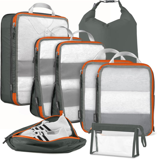 Cipway Compression Packing Cubes Mesh, Lightweight Luggage Organizer Bags with Laundry Bag, Toiletries Bag and Shoe Bag, Travel Essentials for Carry on Suitcase（8 Pcs,Grey）