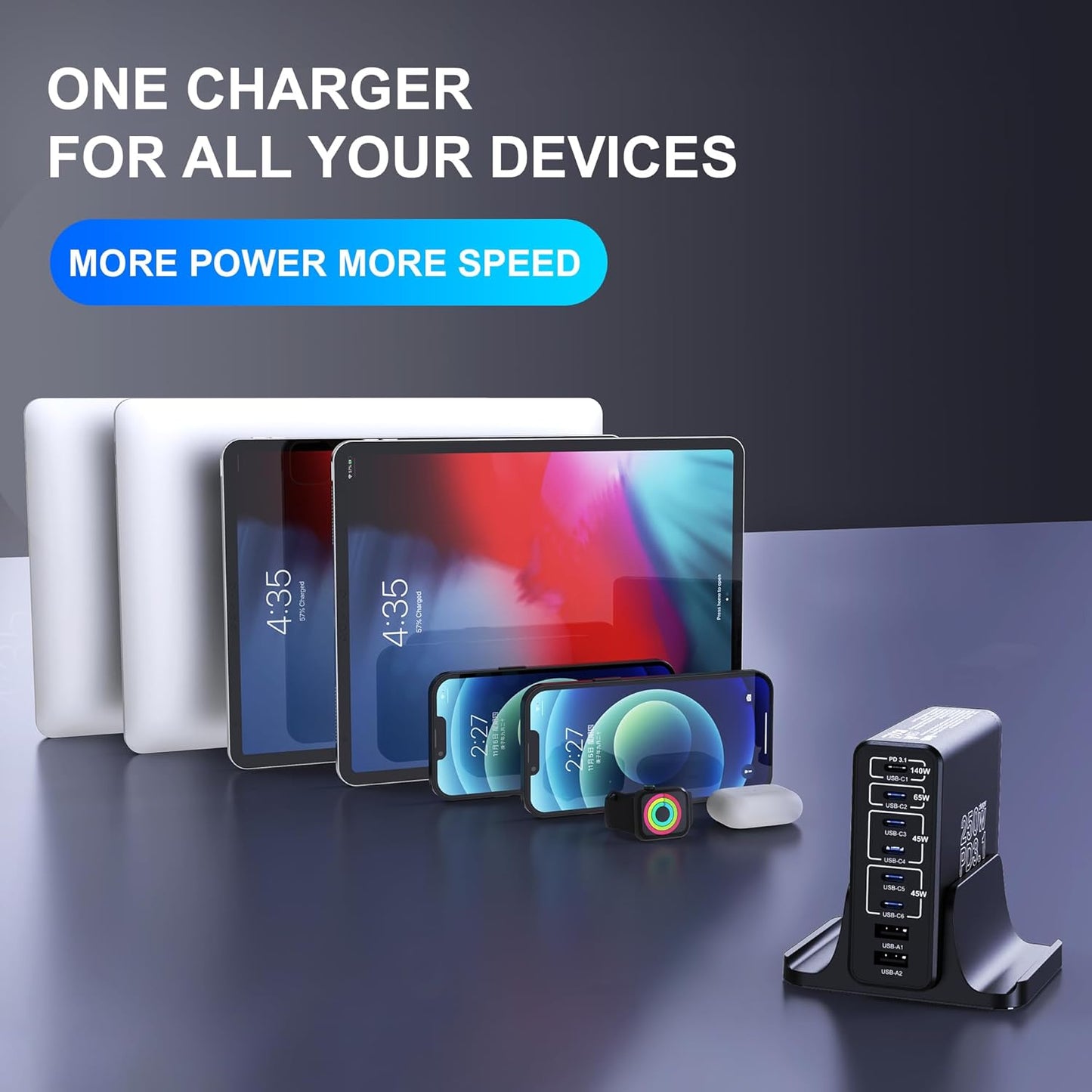 Aftertop 250W USB C Charger, 8-Ports PD3.1 140W Fast Charging Station, Compact Laptop GaN Charger for MacBook, iPad, iPhone 16 15 Pro Max, Galaxy S24/S23 Ultra, Pixel and More