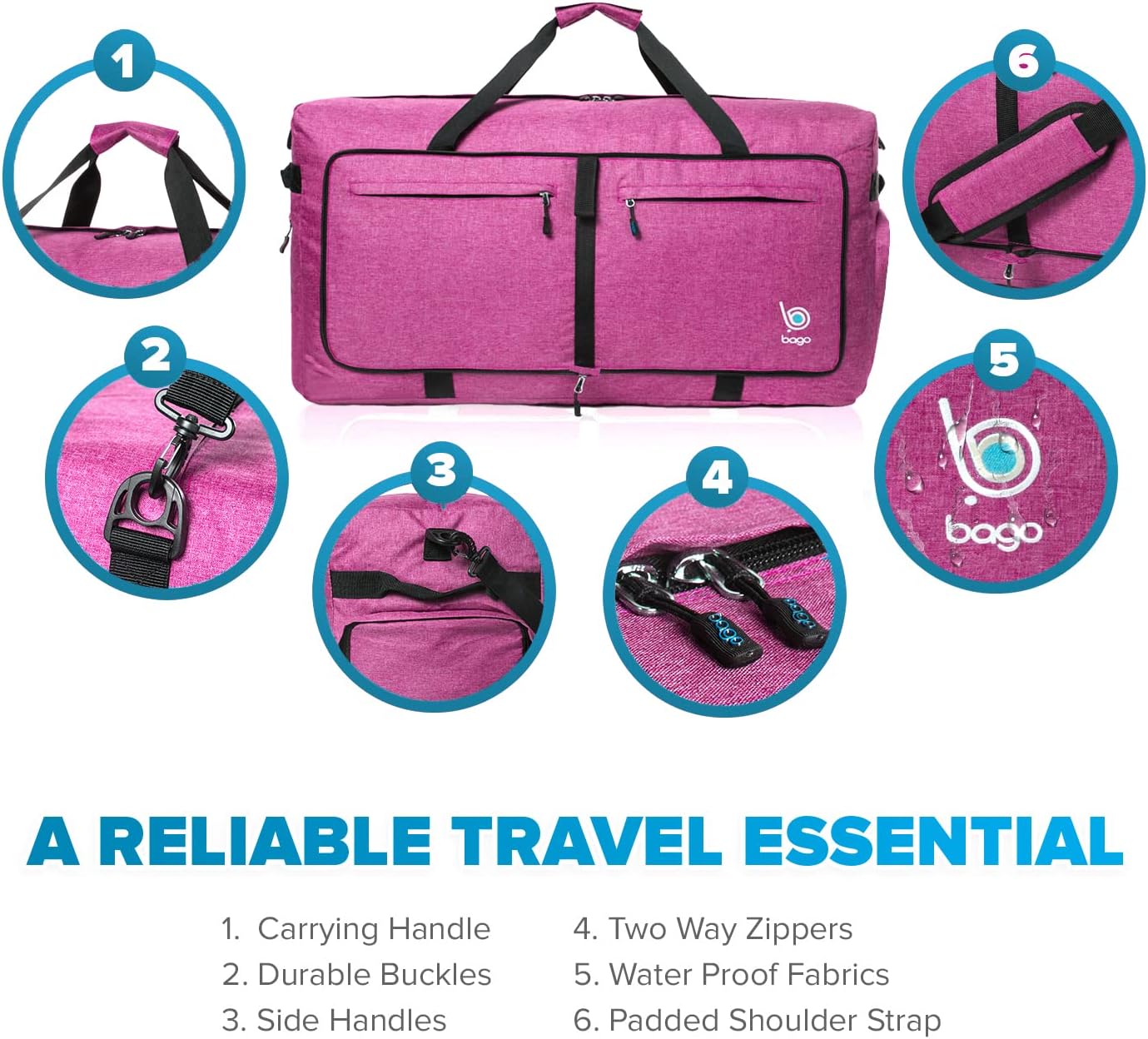 Bago Large Foldable Duffel Bags for Traveling Women & Men - 100L Packable Duffle Bag for Travel with Shoe Compartment - Water Repellant, Heavy Duty, Lightweight Folding & Collapsible (SnowPink)