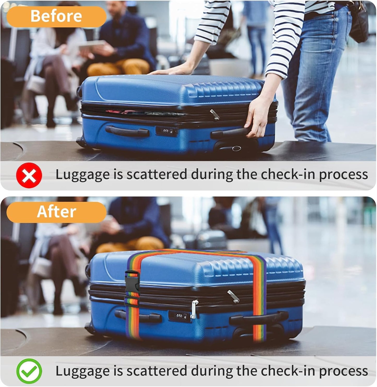 BILIONE 8 Pcs Luggage Straps, 79" Long Belts Keep Suitcase Secure While Traveling, TSA Approved Add a Bag Premium Accessory for Travel Bag Closure (4Pcs Black + 4Pcs Blue)