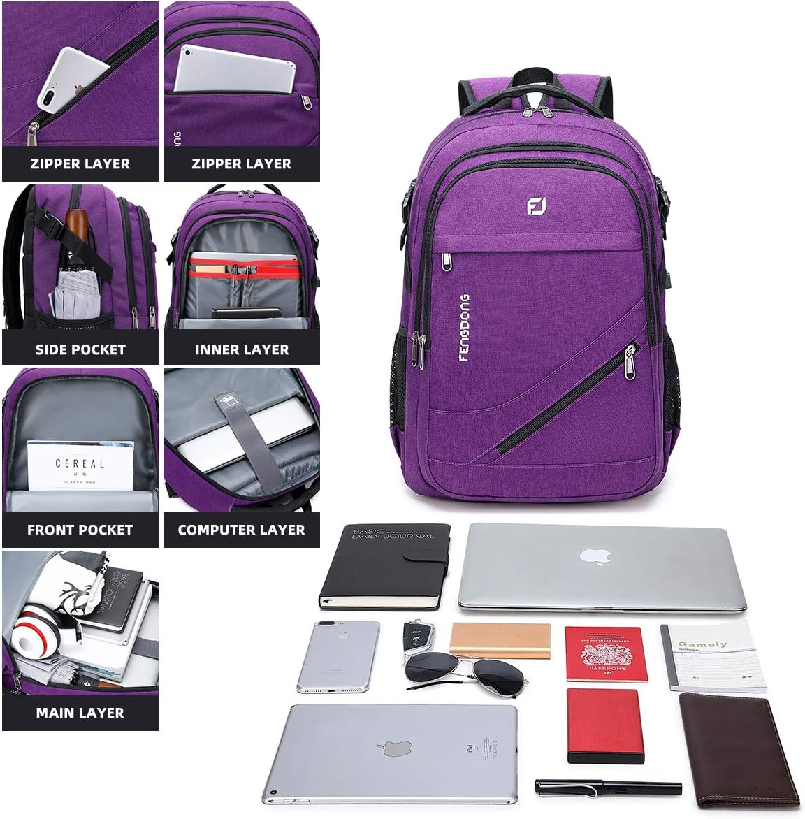 FENGDONG Durable Waterproof Travel Large Laptop Backpack 17.3 inch,College Backpack Bookbag for Men & Women Business Backpack with USB Charging Port and Headset Port Purple
