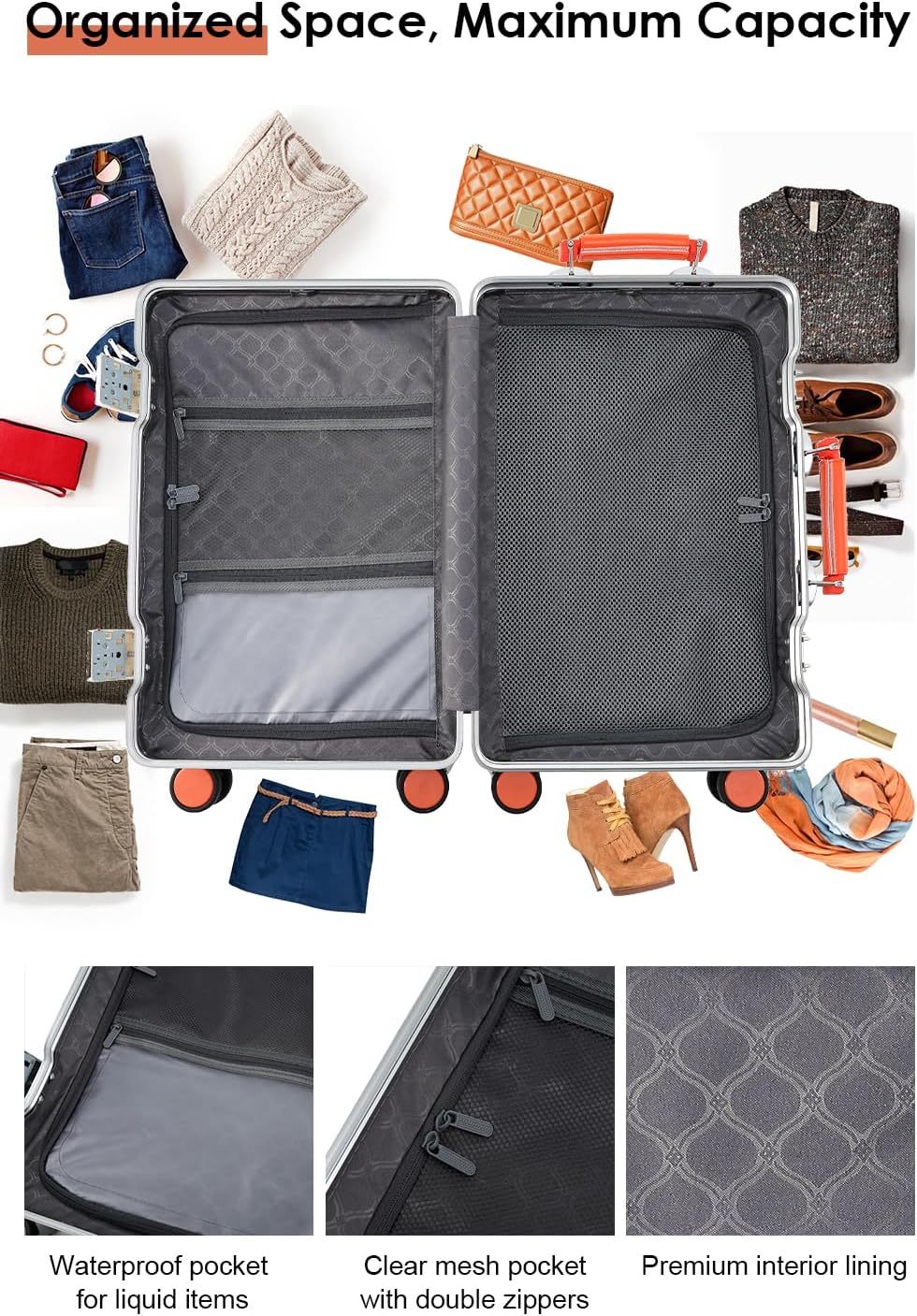 HotWay 24 Inch Hardside Checked Luggage with Leather Handle, PC Zipperless Suitcase with Spinner Wheels and TSA Locks, Lightweight Checked Luggage for Travel, Black