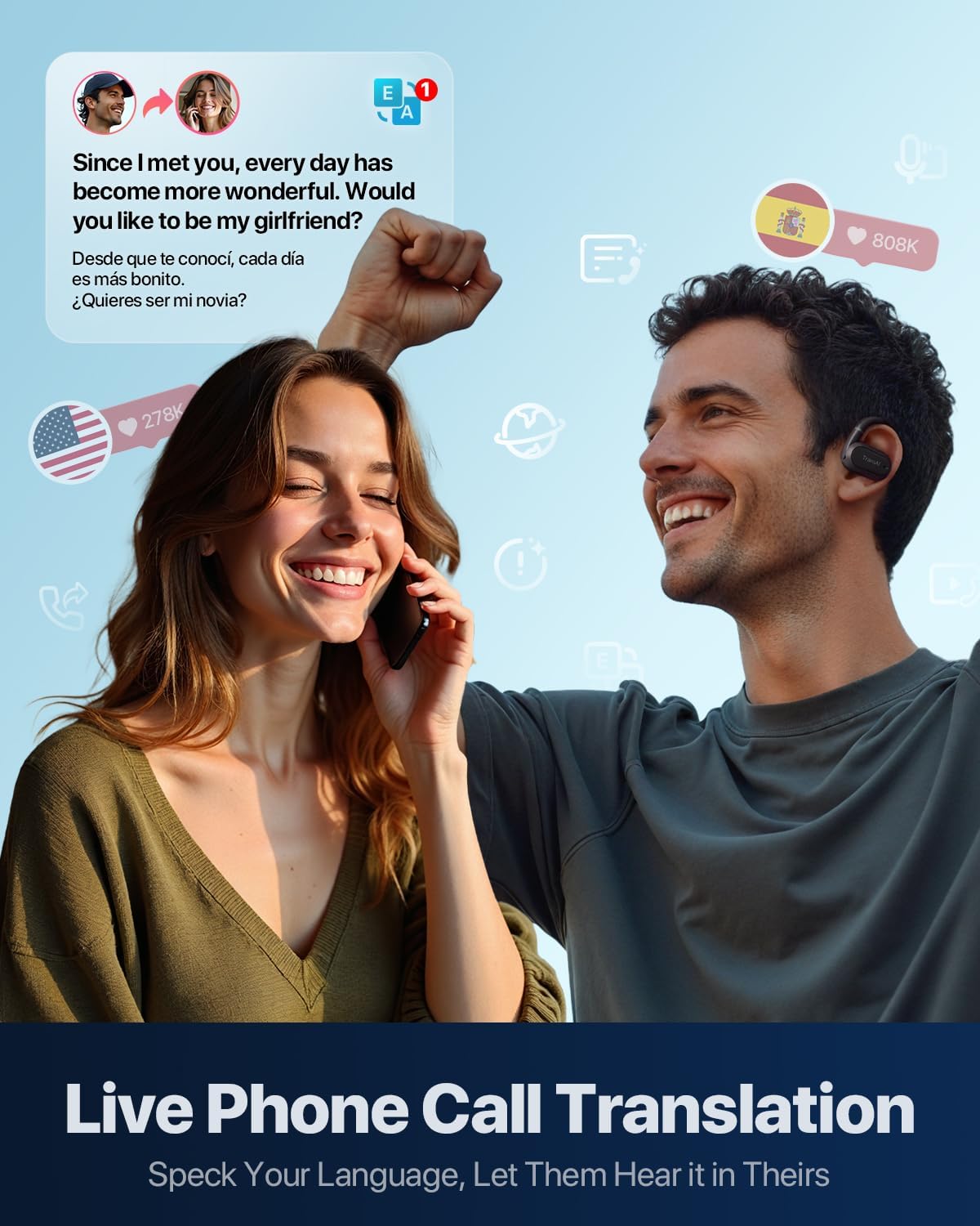 GO1 Real-time Phone Call Translaton Earbuds, 3-in-1 AI Translator Earbuds with Adjustable Earhook Open-Ear Translating Ear Bud Supports 150+ Languages for Video Calls, Business Visits